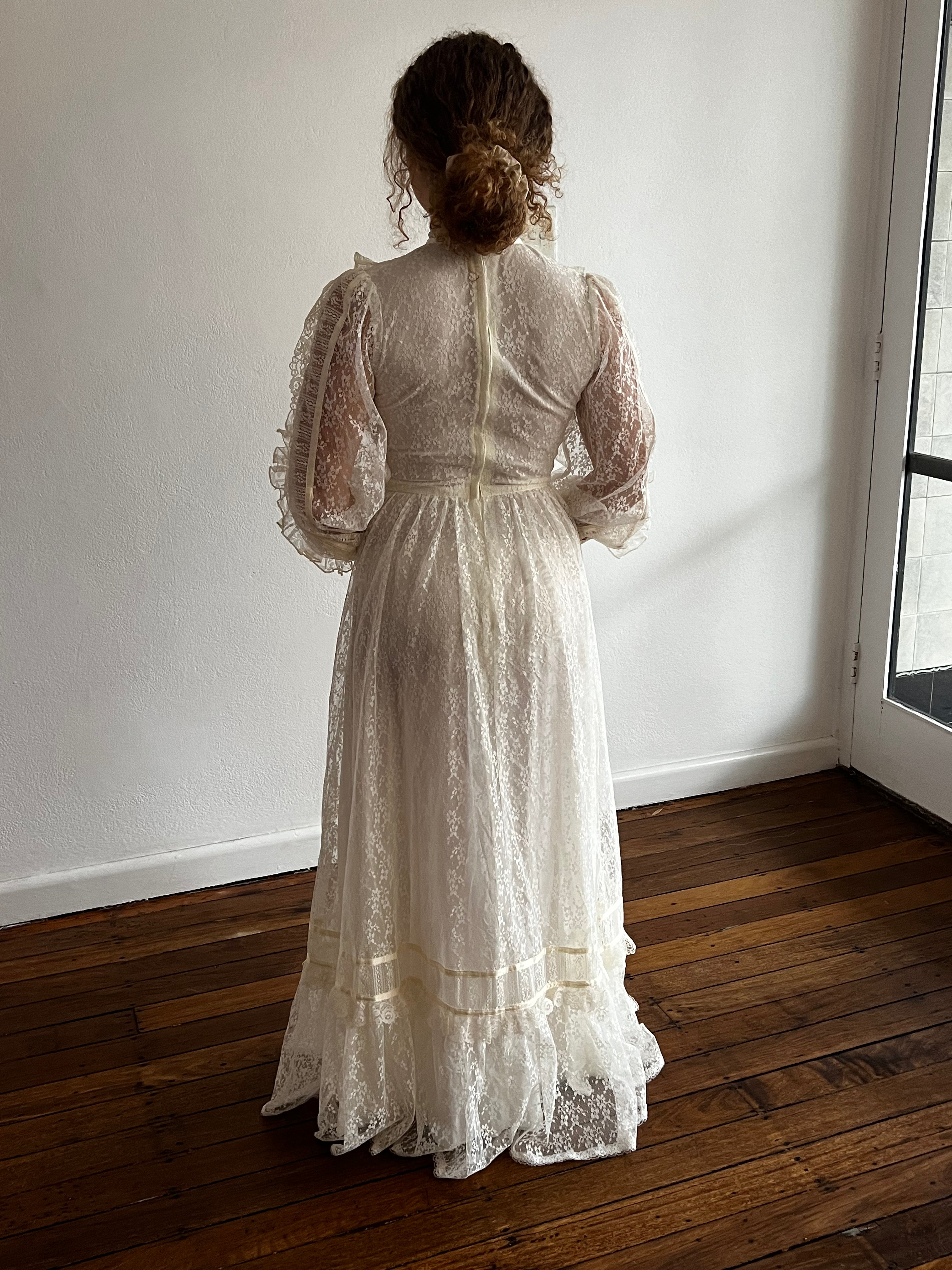 70s Cream Lace Long Sleeve Prairie Dress