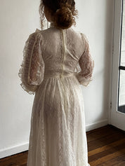 70s Cream Lace Long Sleeve Prairie Dress