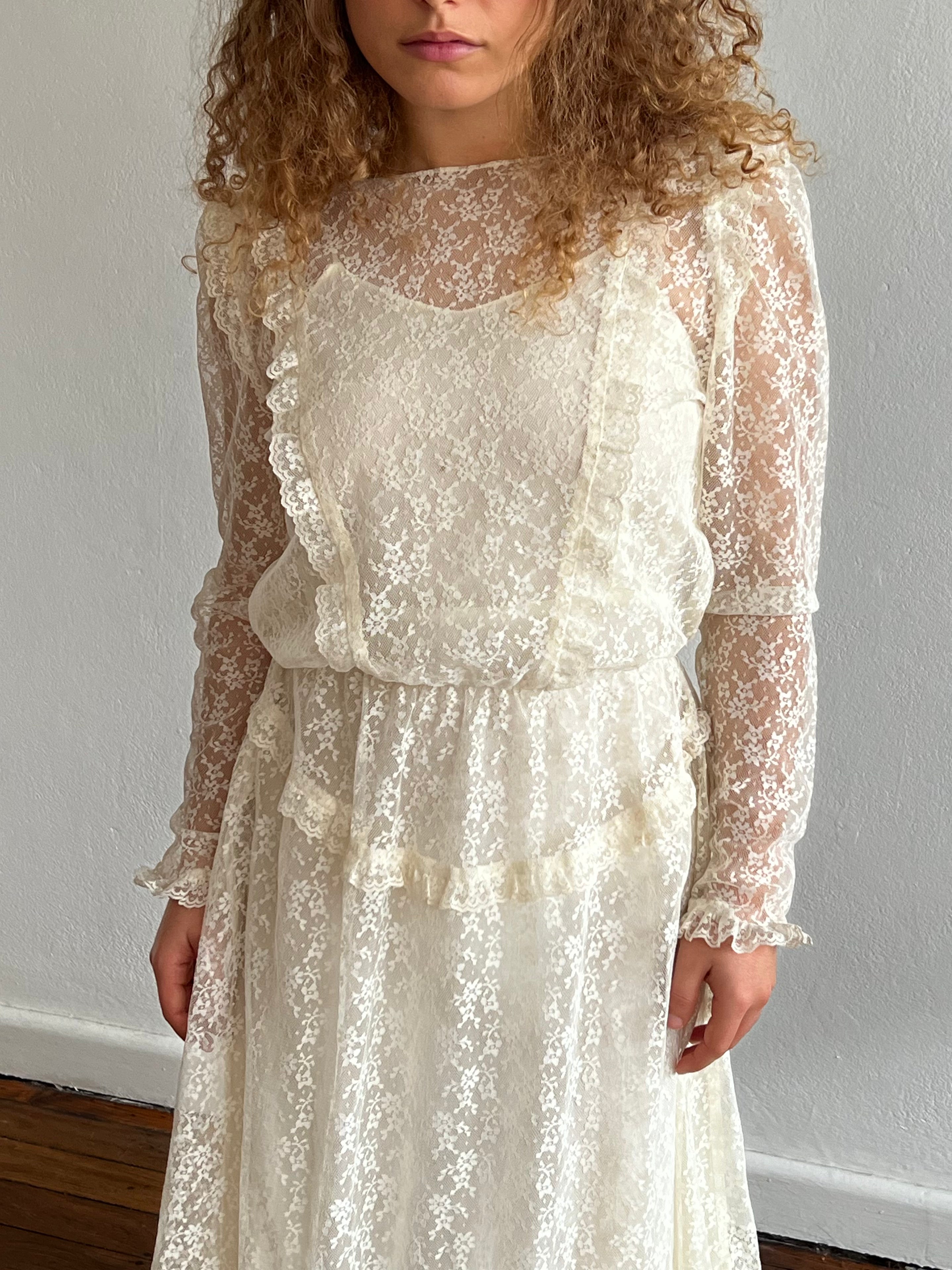 40s Sheer Long Sleeve Lace Prairie Dress