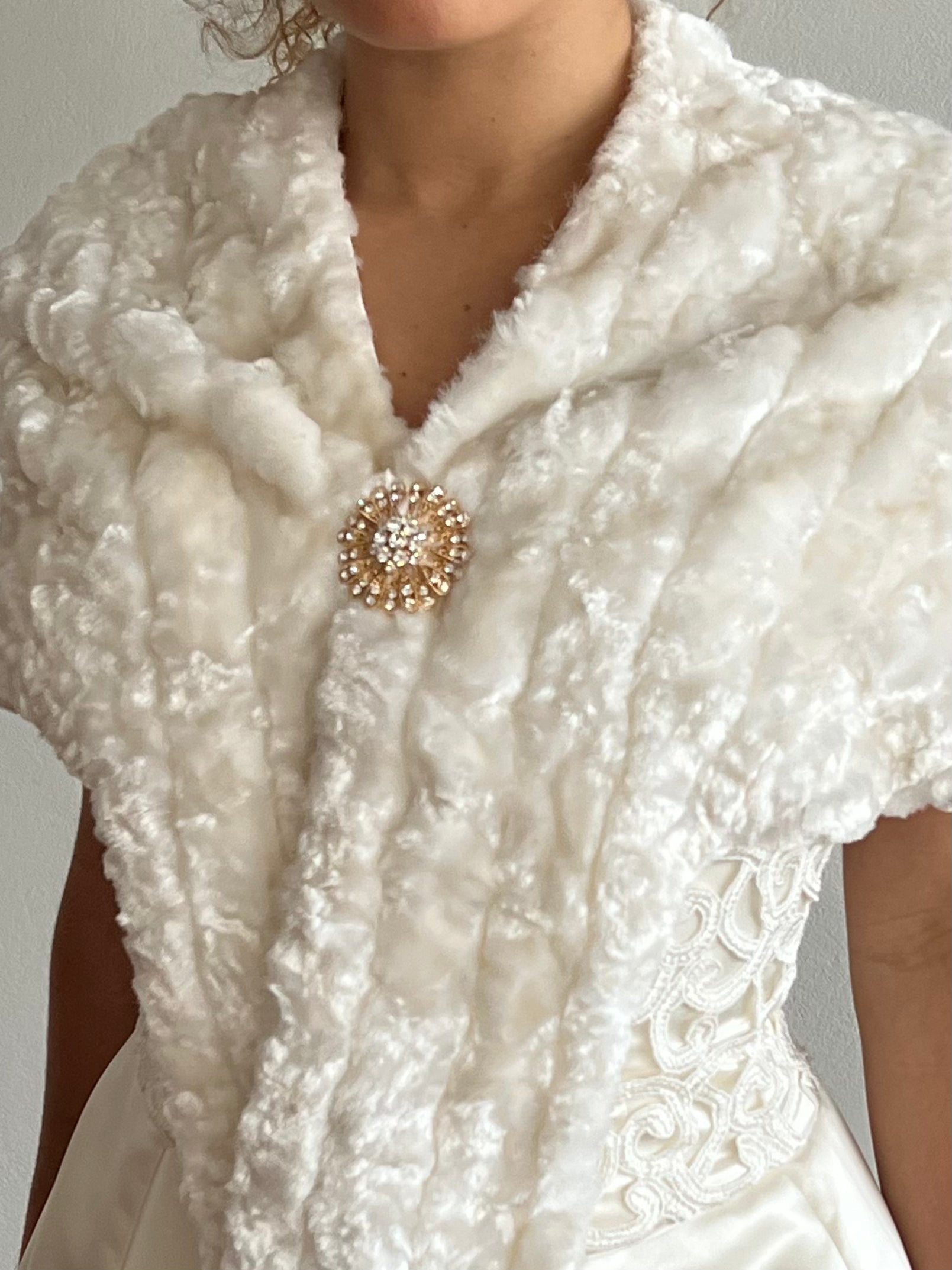 80s Faux Fur Shrug Wrap with Brooch
