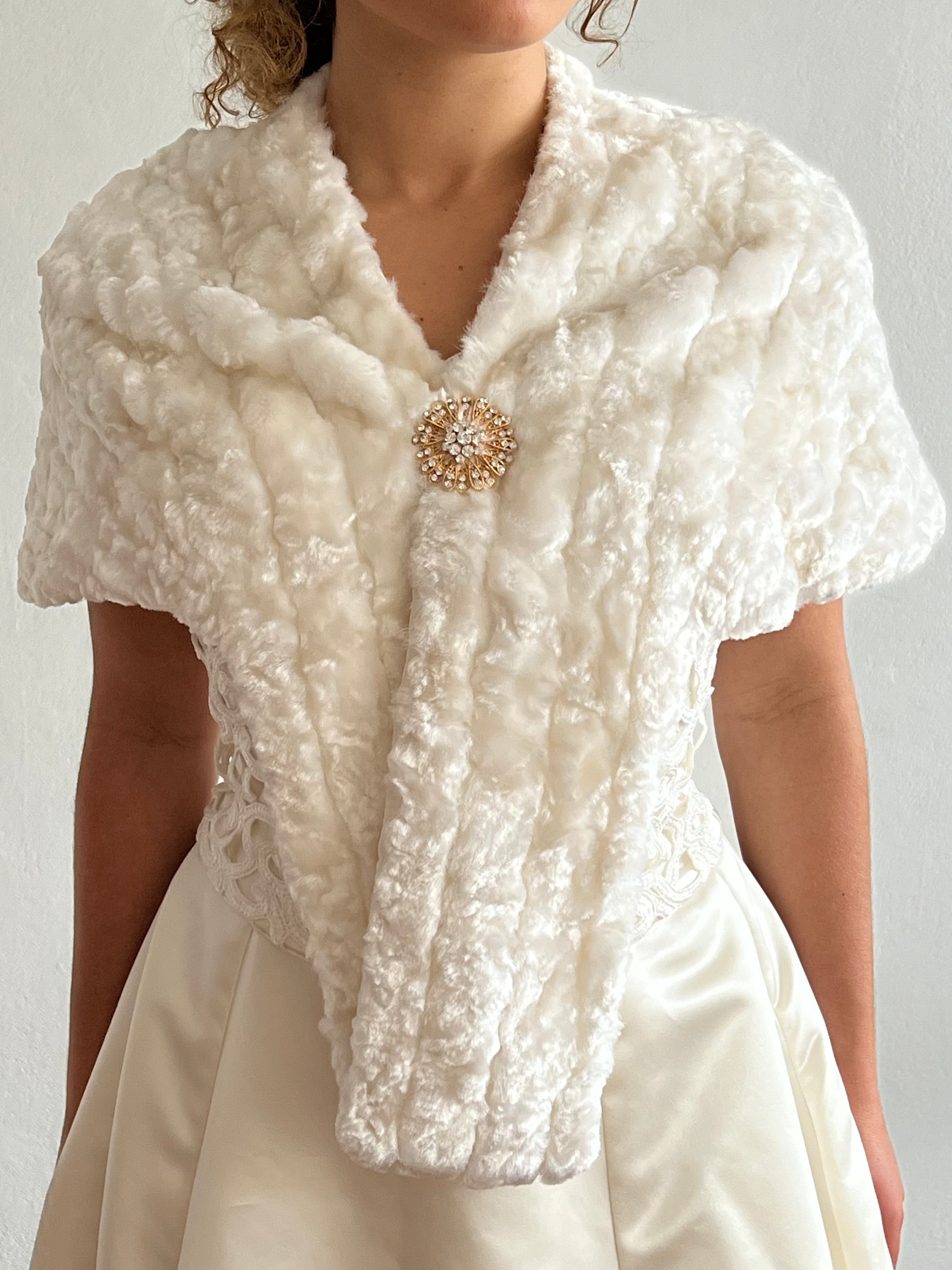 80s Faux Fur Shrug Wrap with Brooch