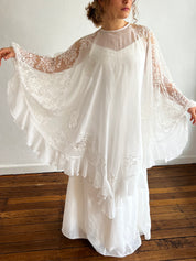 70s Silk Chiffon Slip with Lace Detail Poncho