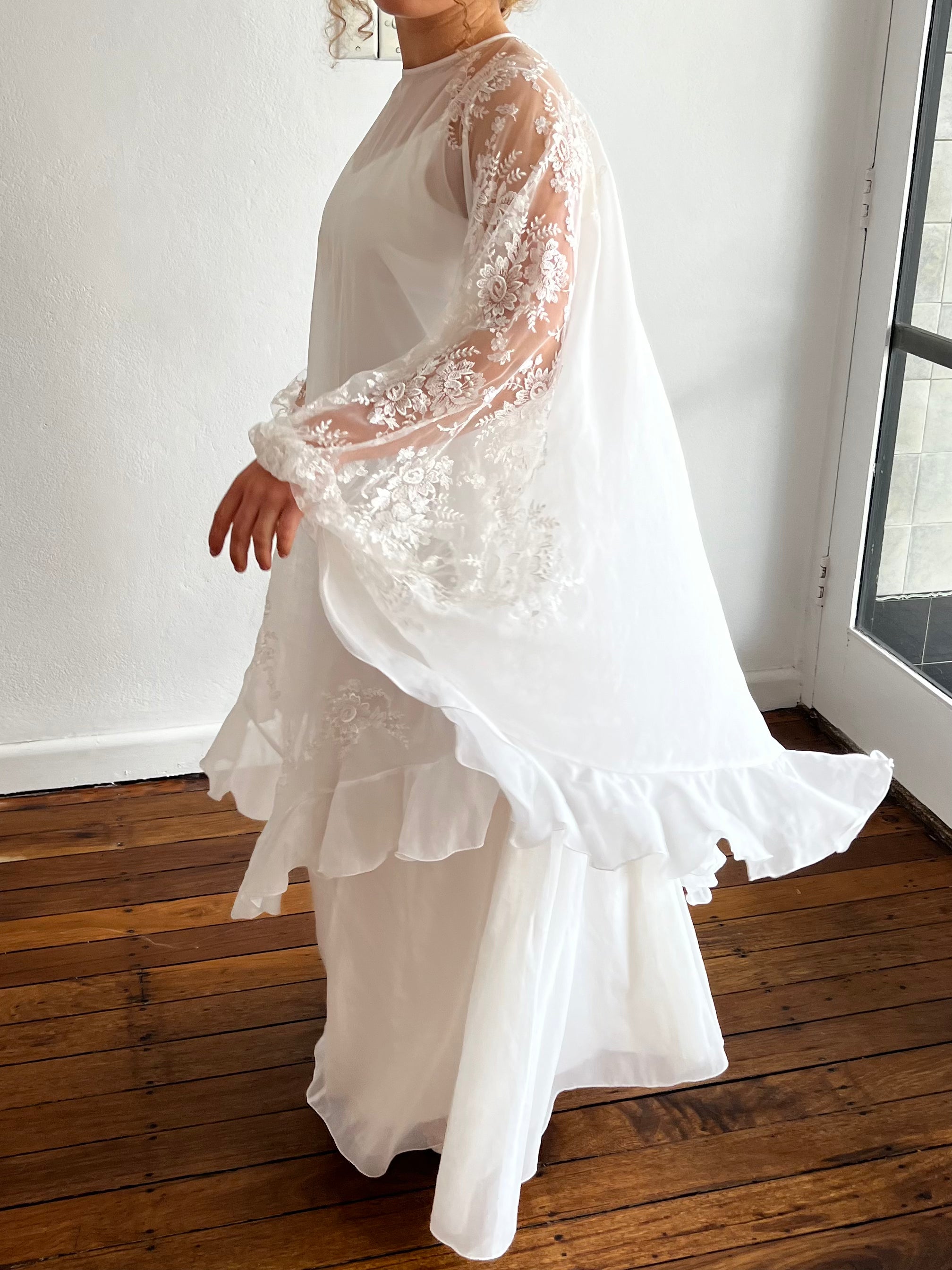 70s Silk Chiffon Slip with Lace Detail Poncho