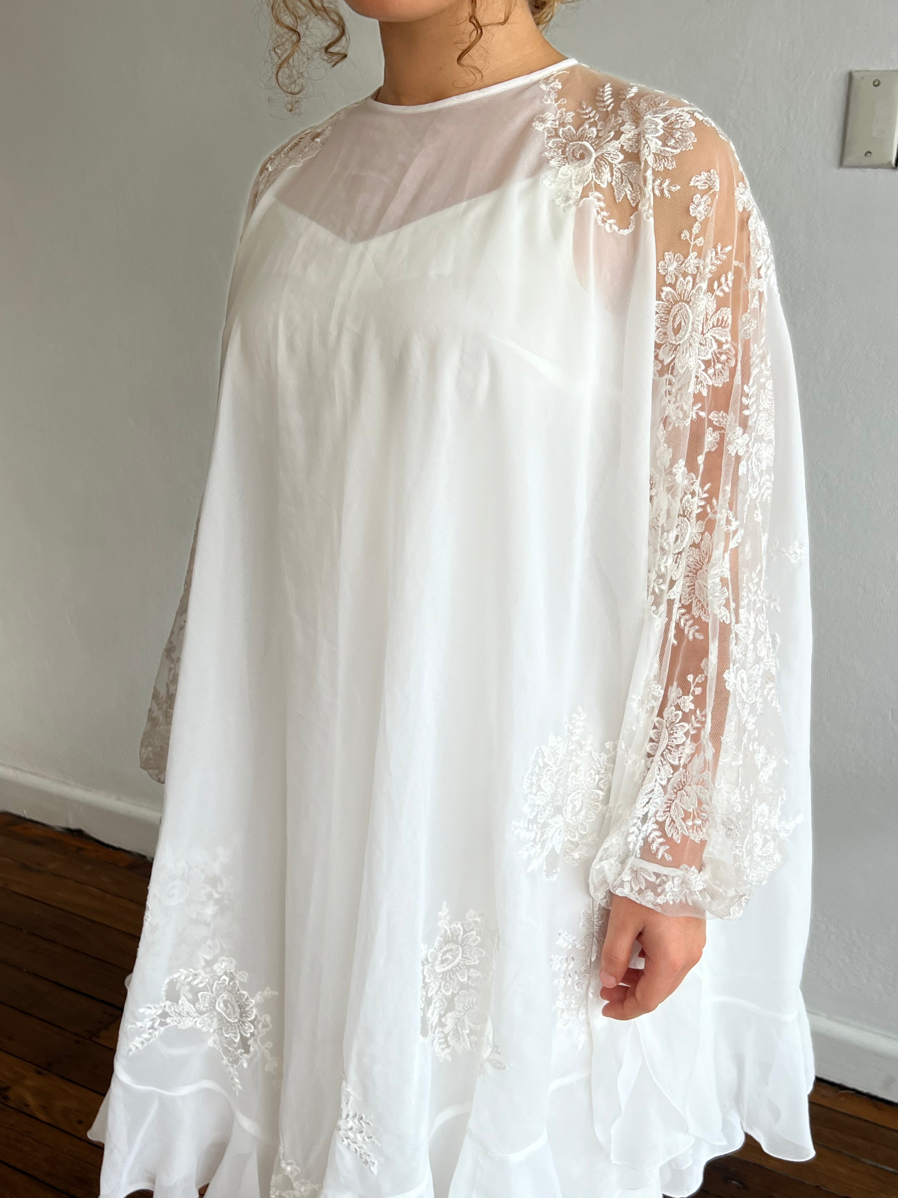 70s Silk Chiffon Slip with Lace Detail Poncho