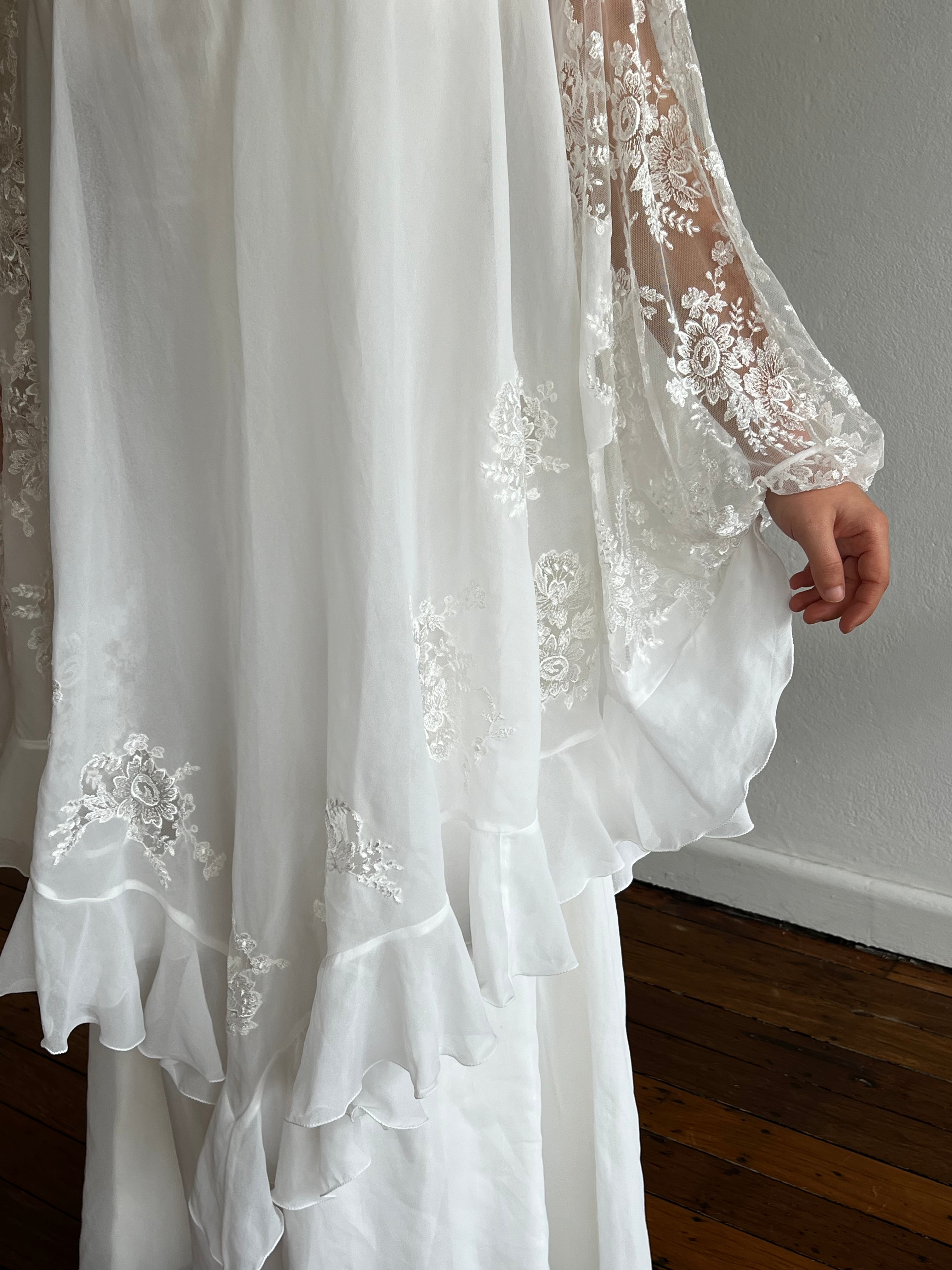 70s Silk Chiffon Slip with Lace Detail Poncho