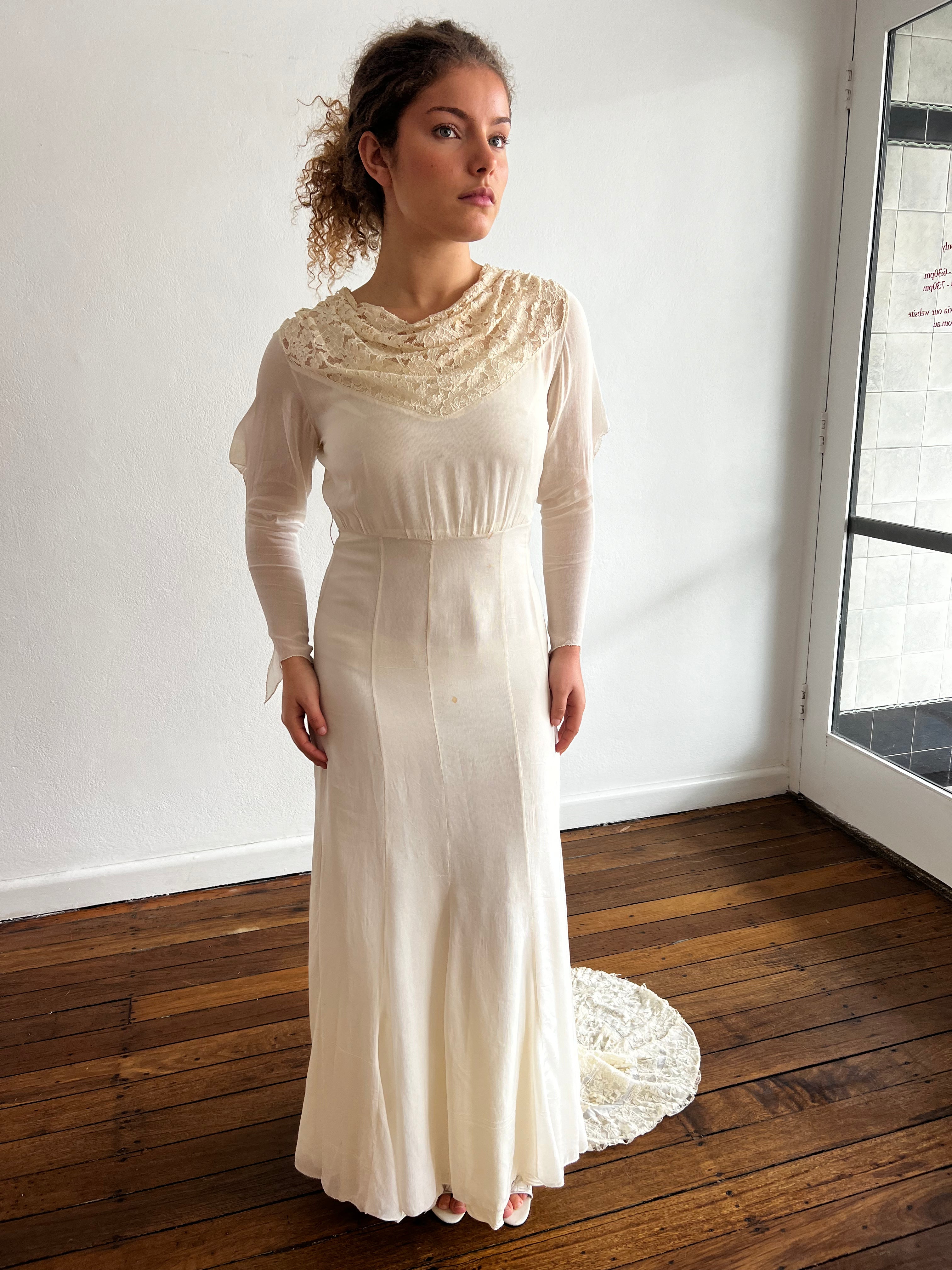 30s Lace Detail Cowl Neck Gossamer Dress