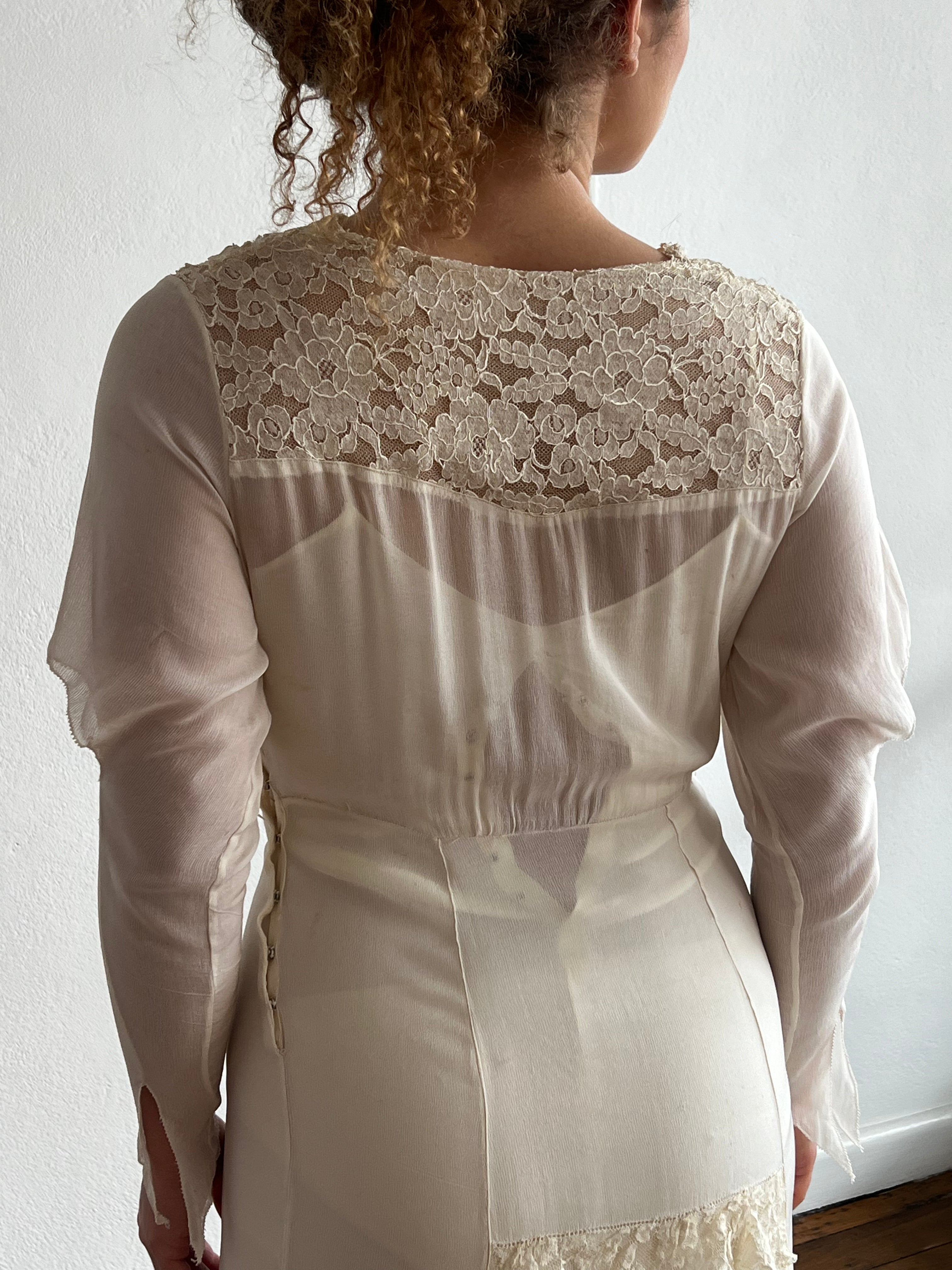 30s Lace Detail Cowl Neck Gossamer Dress