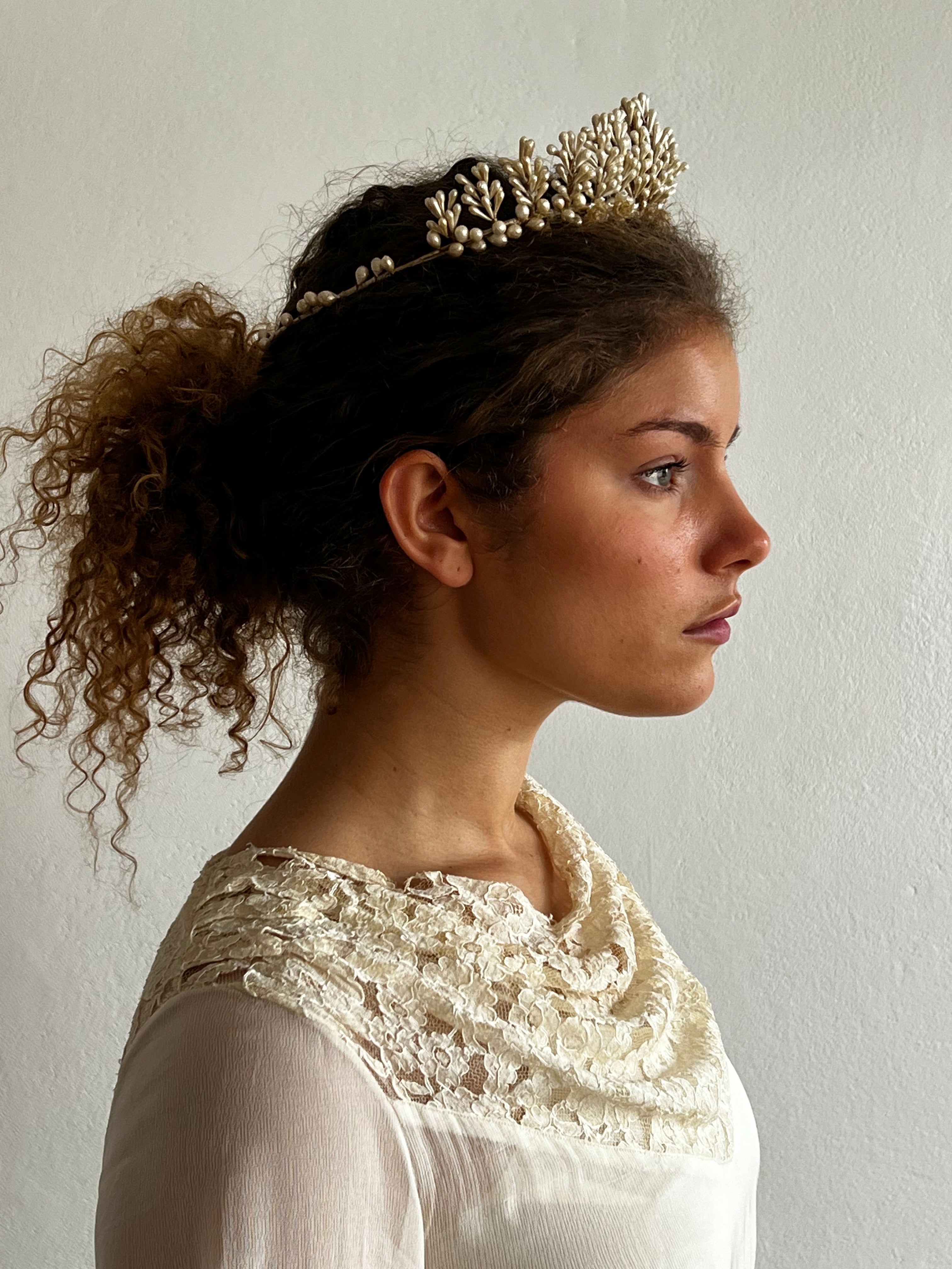 40s Wax Pearl and Rosette Fringe Tiara