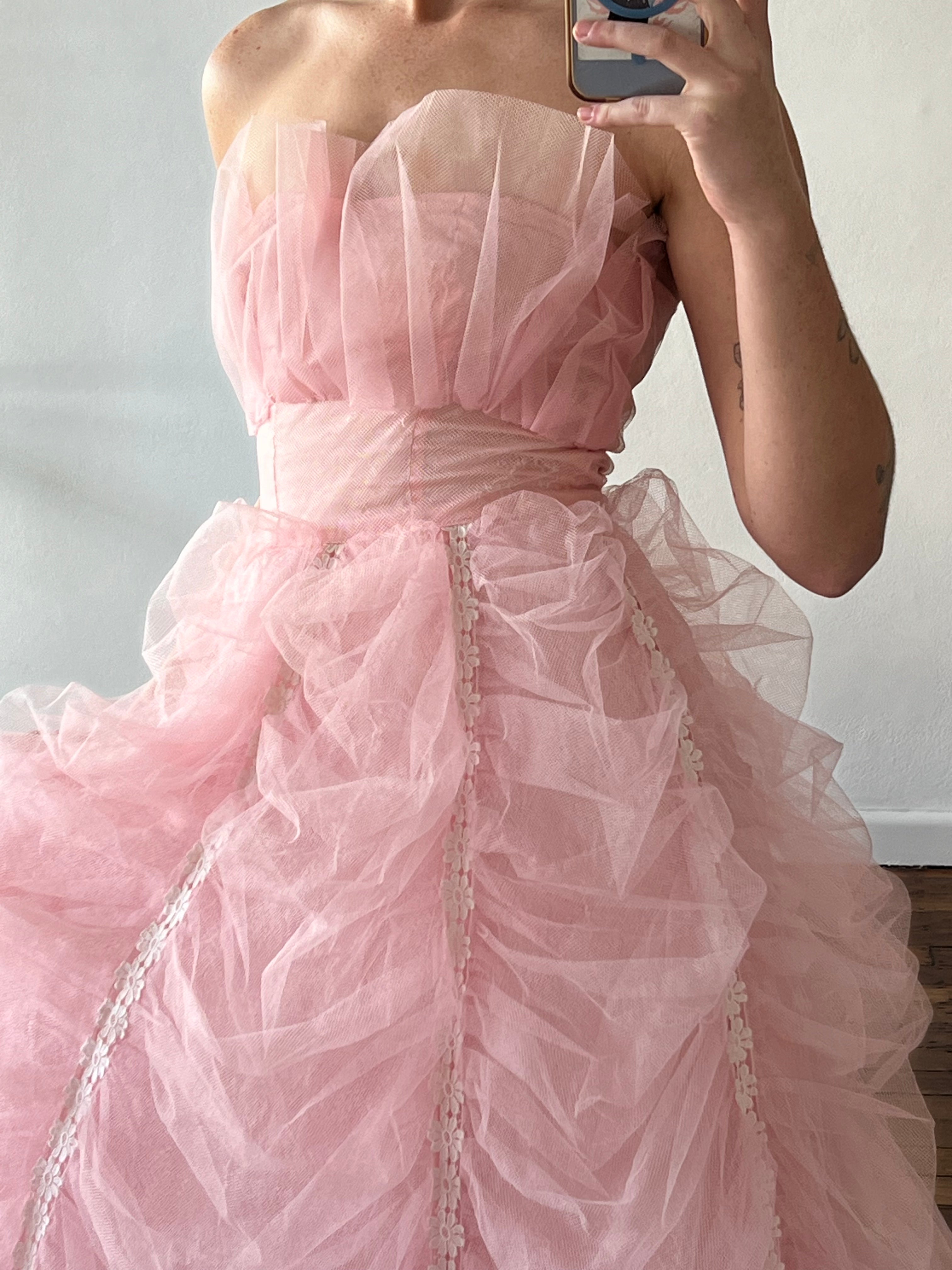 50s Pink Strapless Ruched Tulle Dress