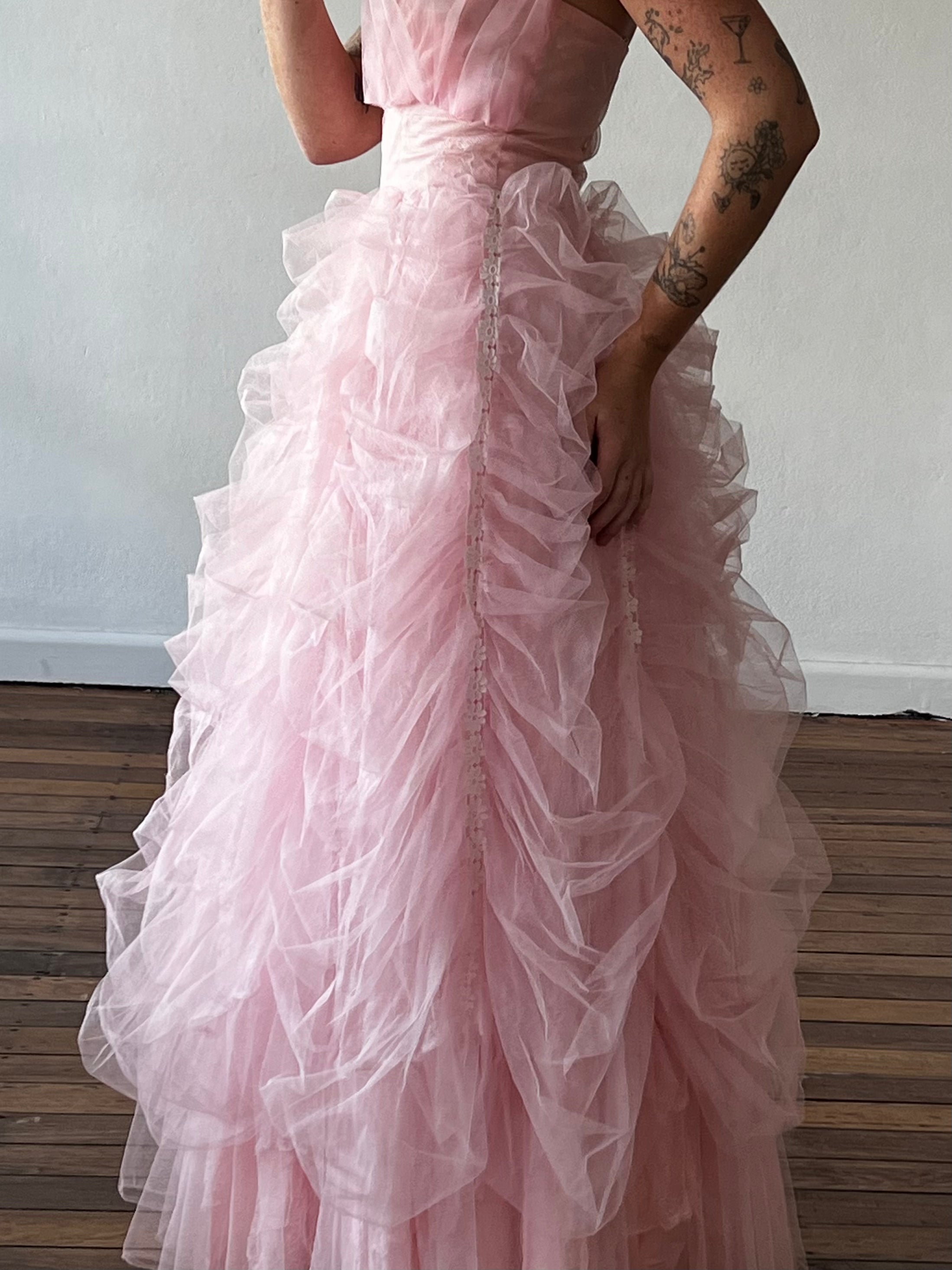 50s Pink Strapless Ruched Tulle Dress