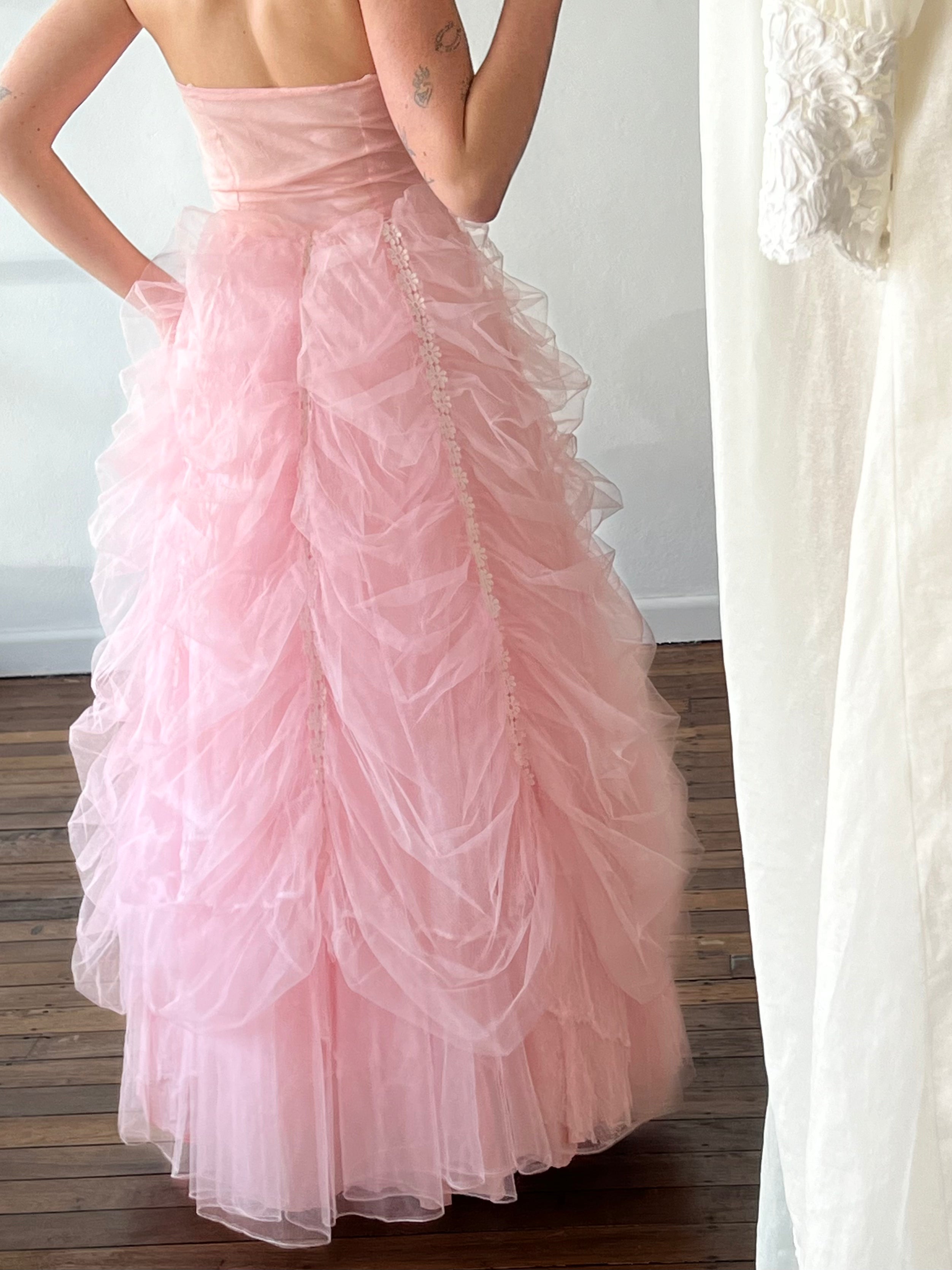 50s Pink Strapless Ruched Tulle Dress