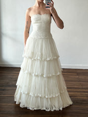 60s Strapless Drop Waist Tiered Silk Tulle Dress