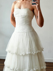 60s Strapless Drop Waist Tiered Silk Tulle Dress