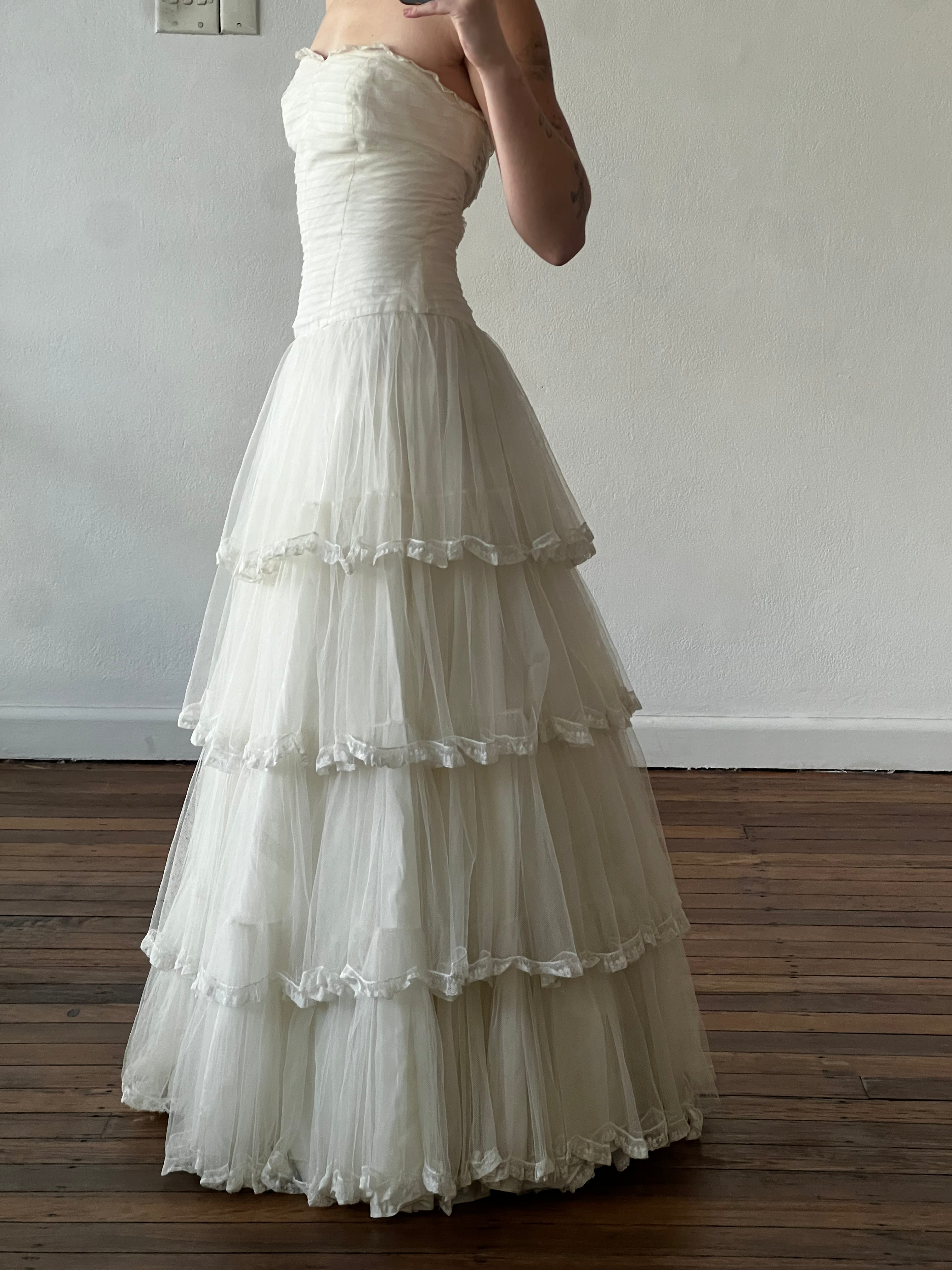 60s Strapless Drop Waist Tiered Silk Tulle Dress