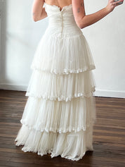 60s Strapless Drop Waist Tiered Silk Tulle Dress