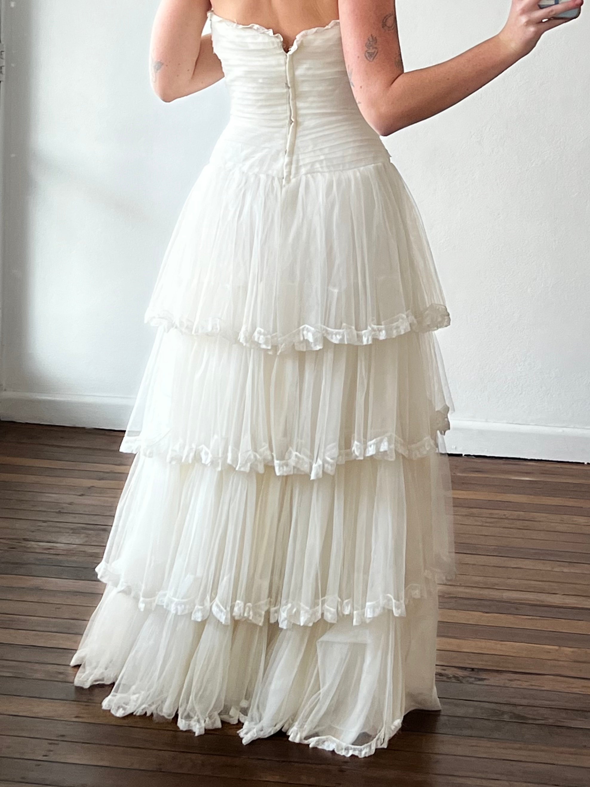 60s Strapless Drop Waist Tiered Silk Tulle Dress