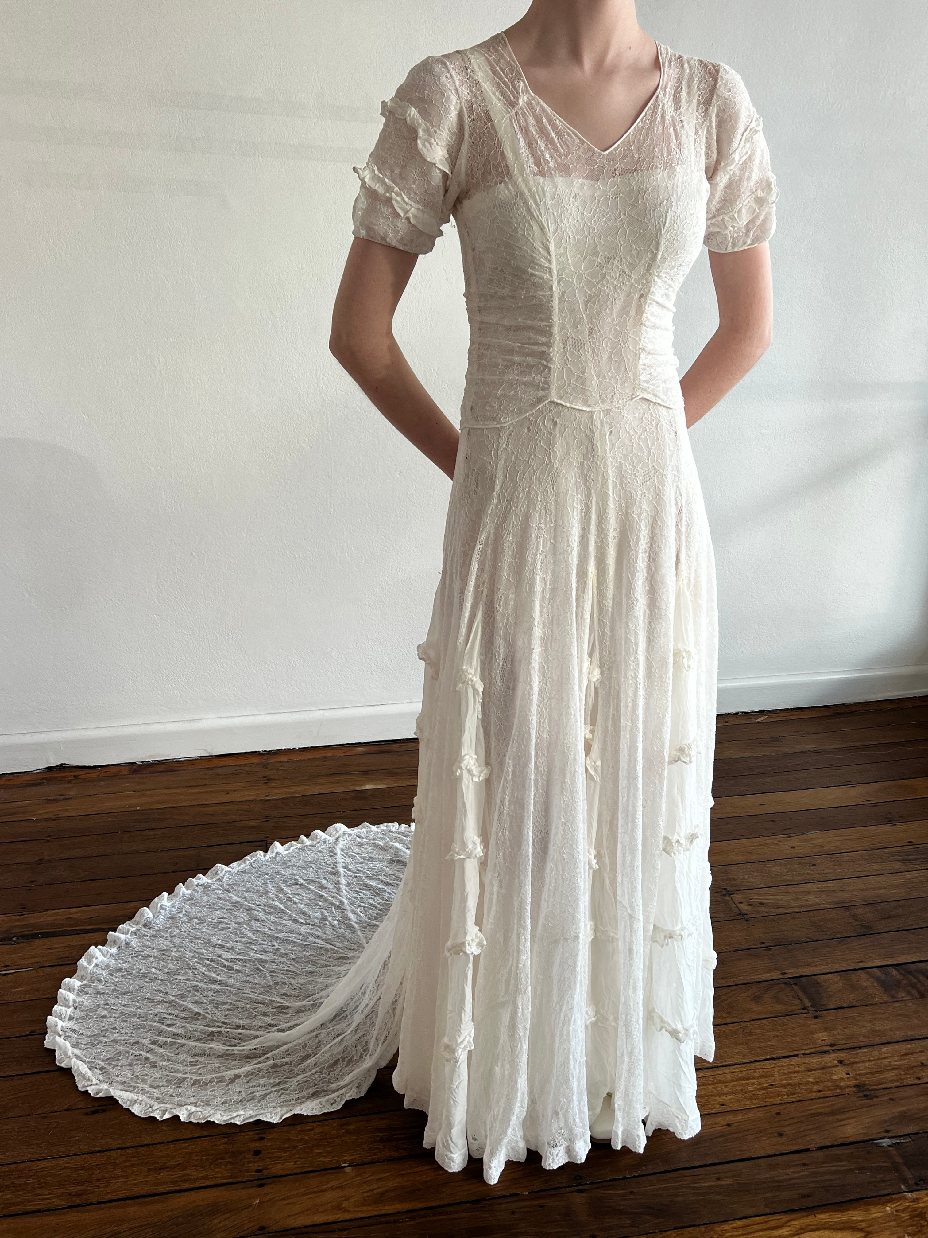 40s Lace and Cotton Ruffle Panel Dress