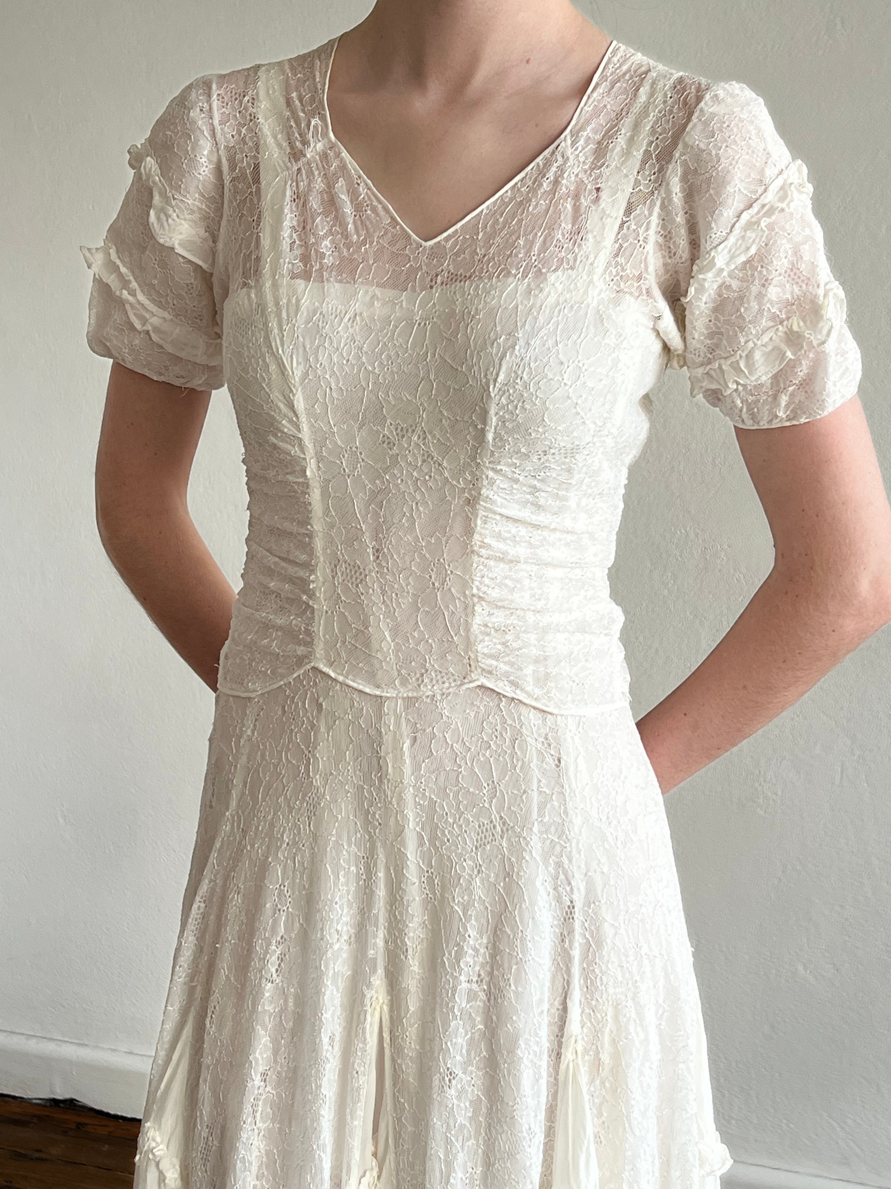 40s Lace and Cotton Ruffle Panel Dress