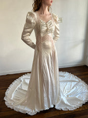 40s Silk Lace Panel and Rosette Detail Dress