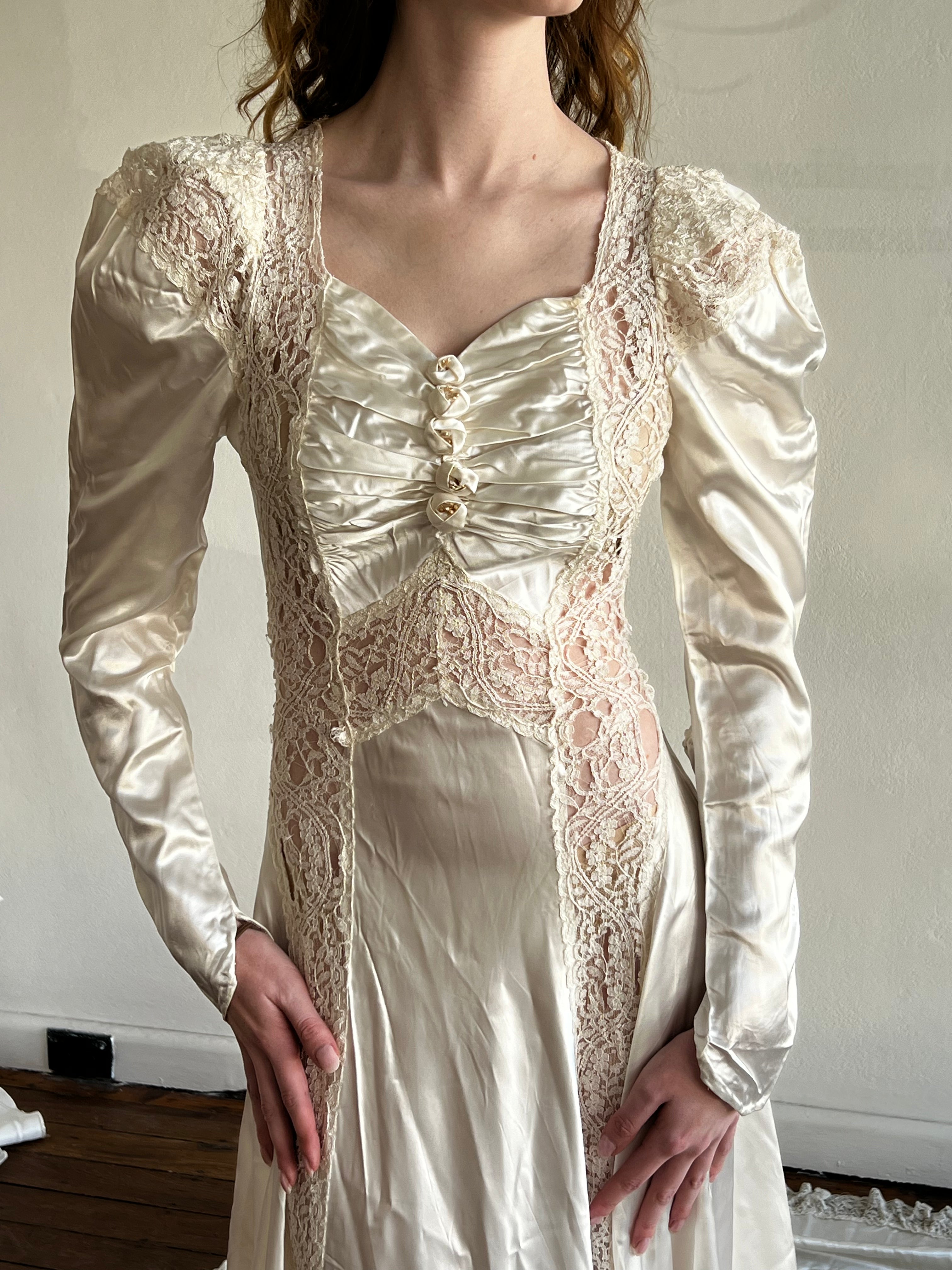 40s Silk Lace Panel and Rosette Detail Dress