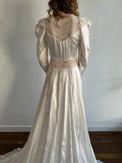 40s Silk Lace Panel and Rosette Detail Dress