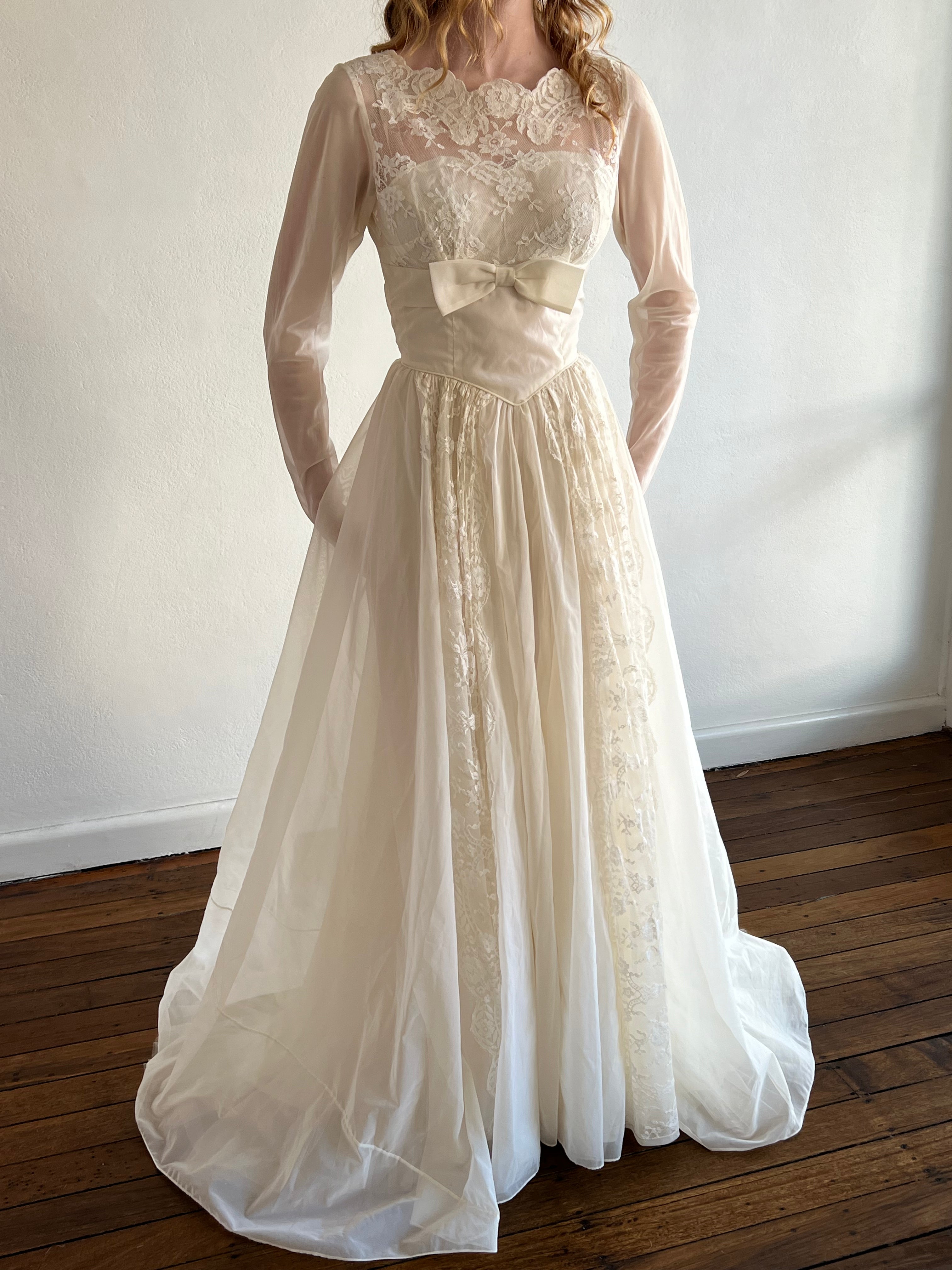 60s Lace Detail Bateau Mock Neckline Dress