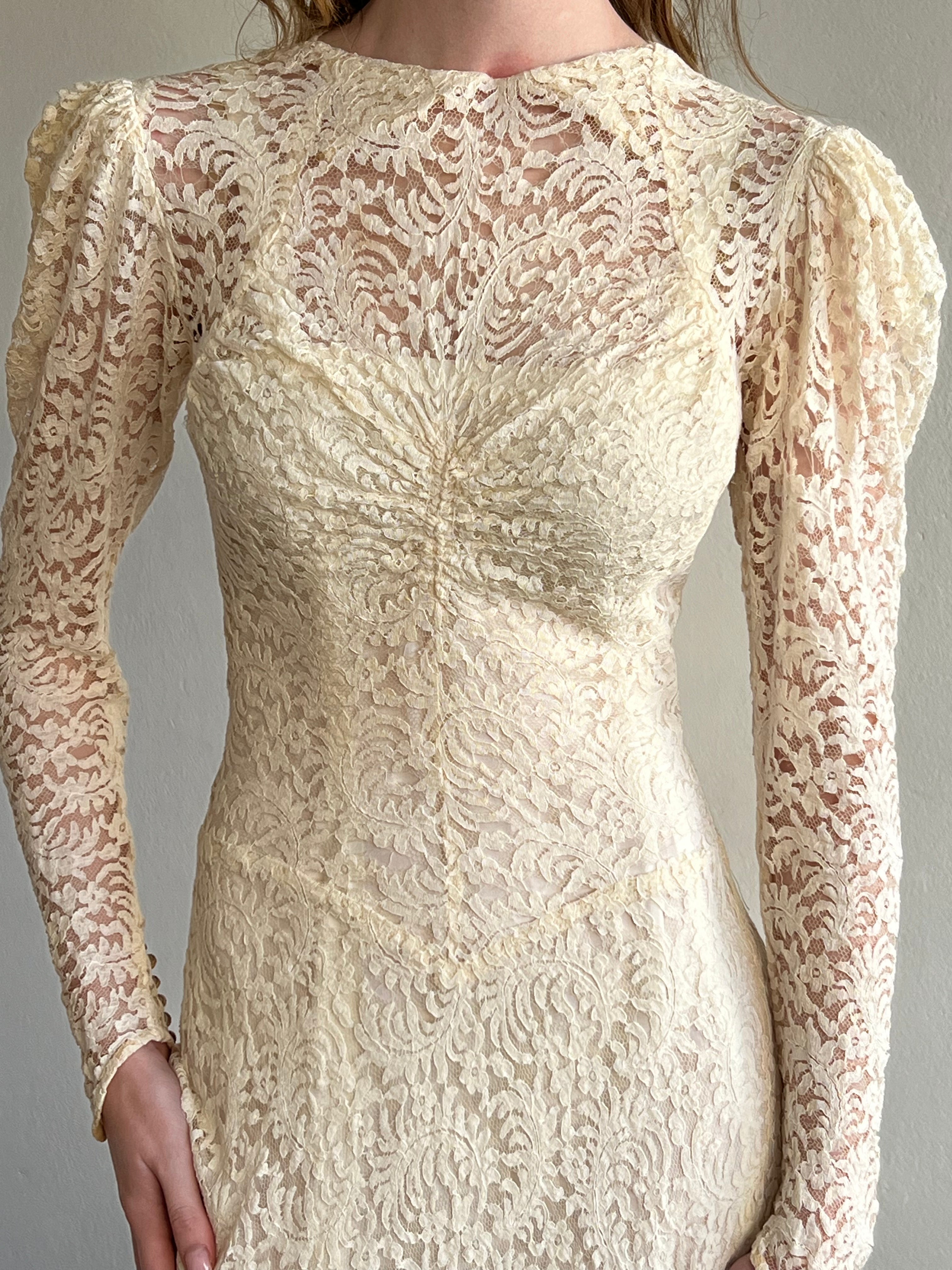30s Alençon Lace Collared A-line Dress