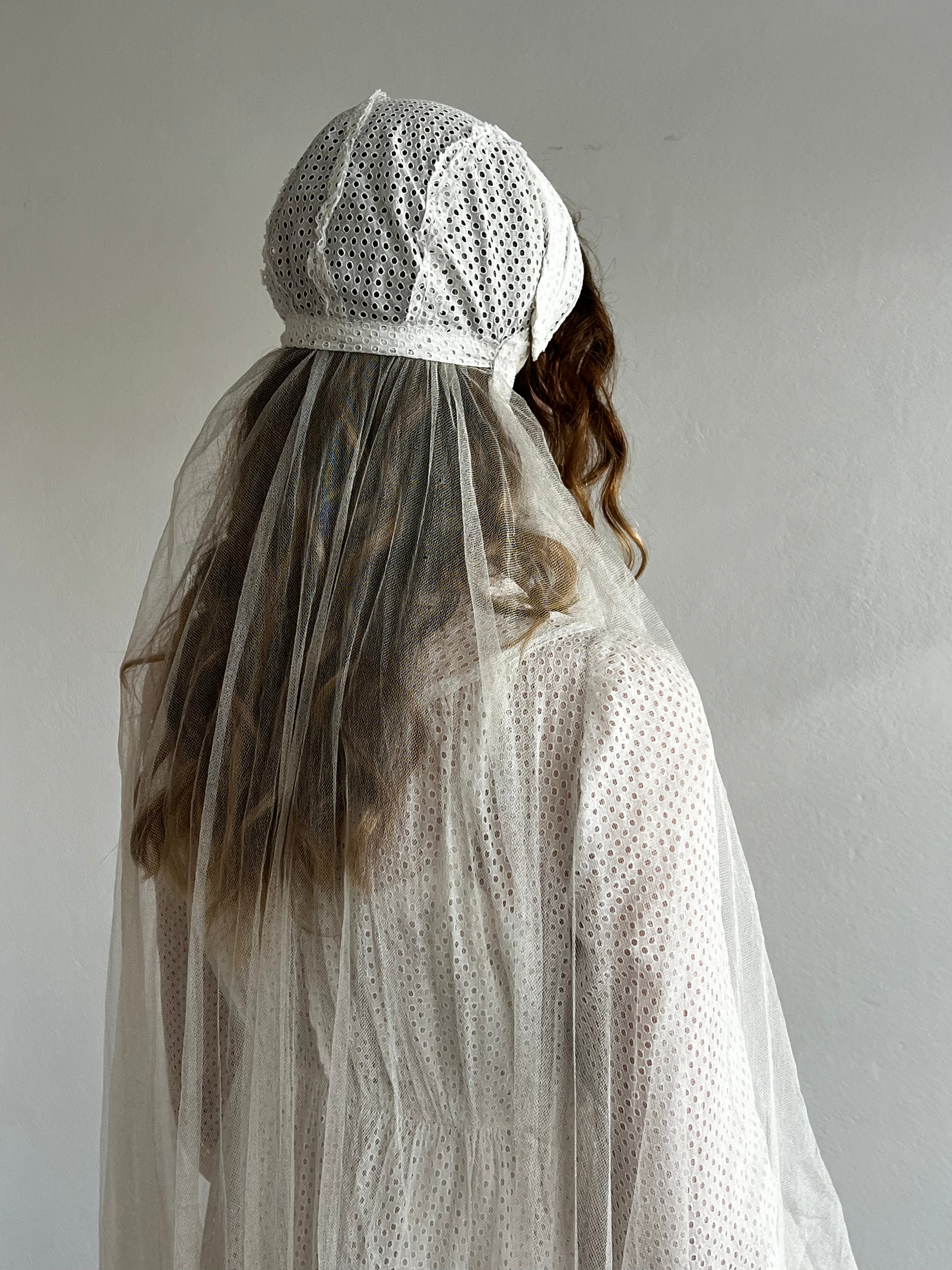 40s Cotton Bonnet and Silk Tulle Veil