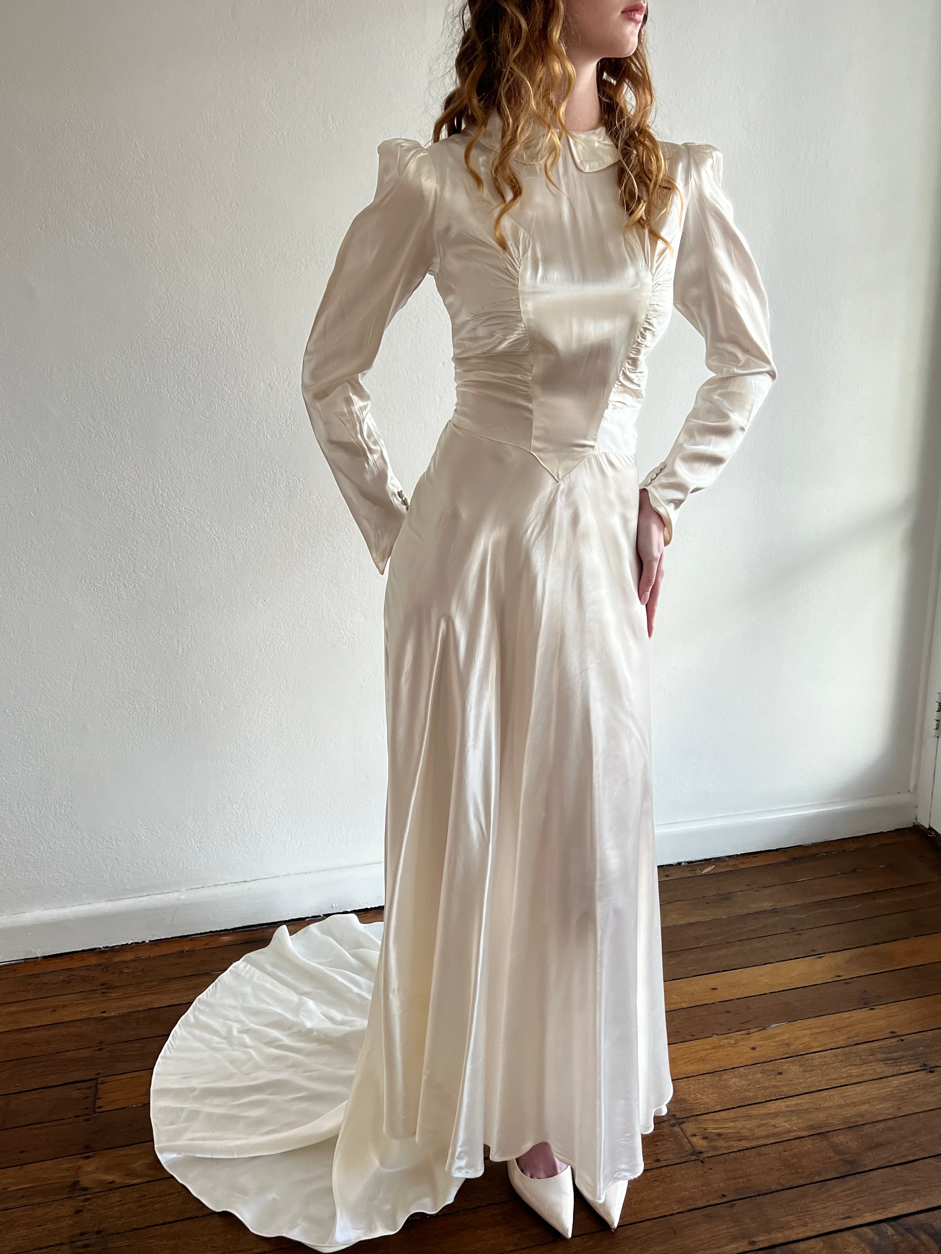 30s Liquid Silk Peter Pan Collar Basque Waist Dress