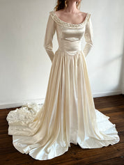 50s Liquid Satin Beaded Neckline Dress