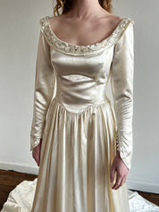 50s Liquid Satin Beaded Neckline Dress