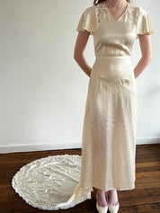 30s Silk and Lace Detail Butterfly Sleeve Dress