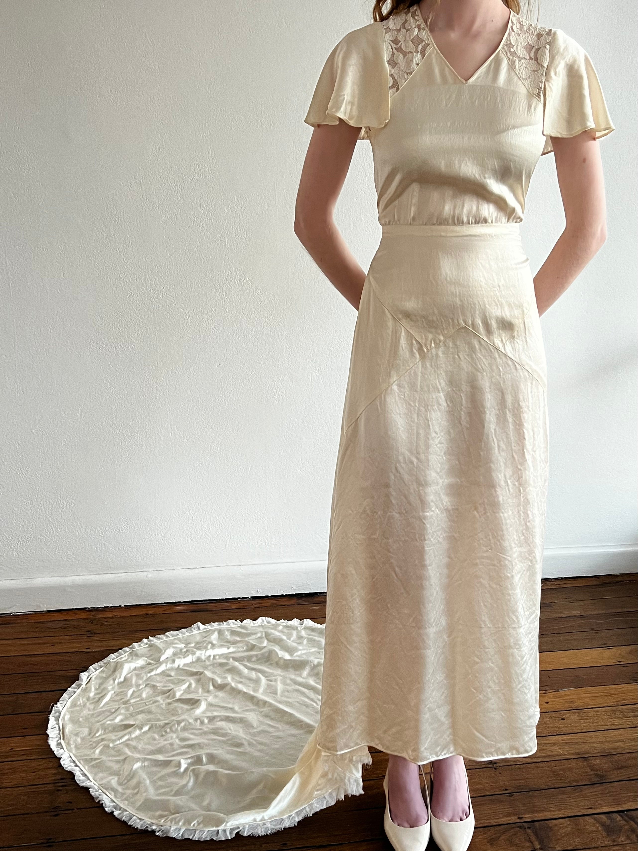 30s Silk and Lace Detail Butterfly Sleeve Dress