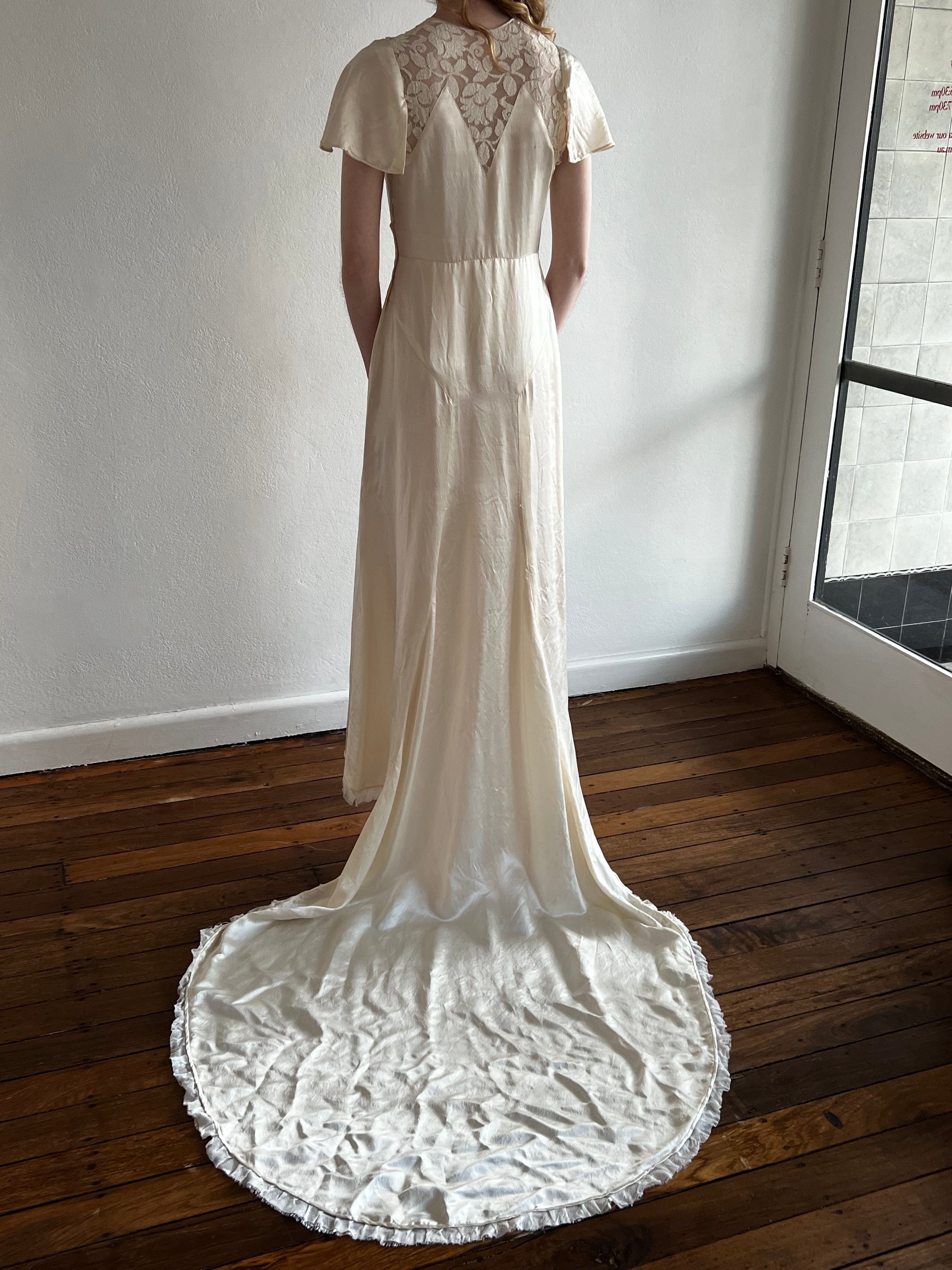 30s Silk and Lace Detail Butterfly Sleeve Dress