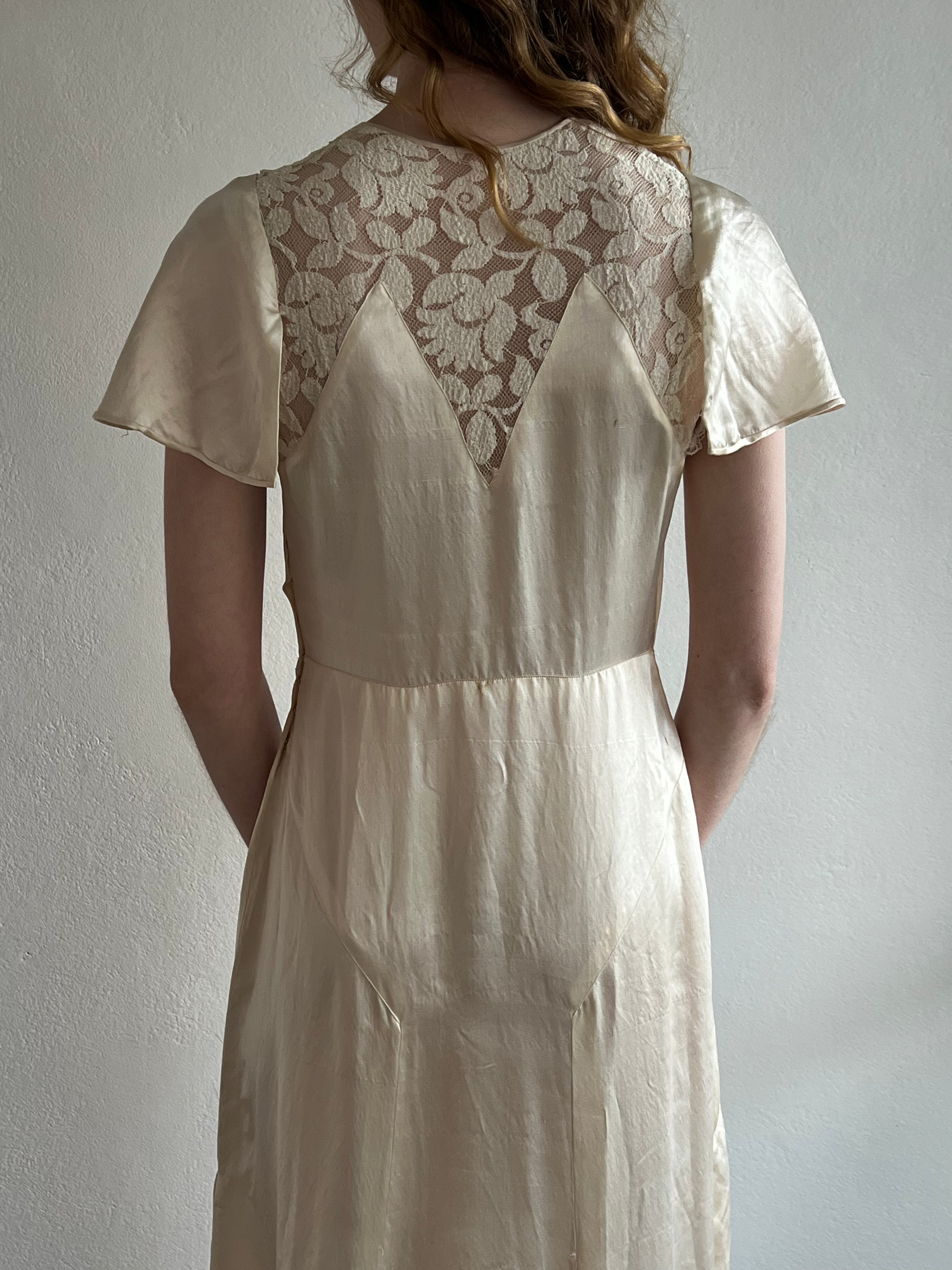 30s Silk and Lace Detail Butterfly Sleeve Dress