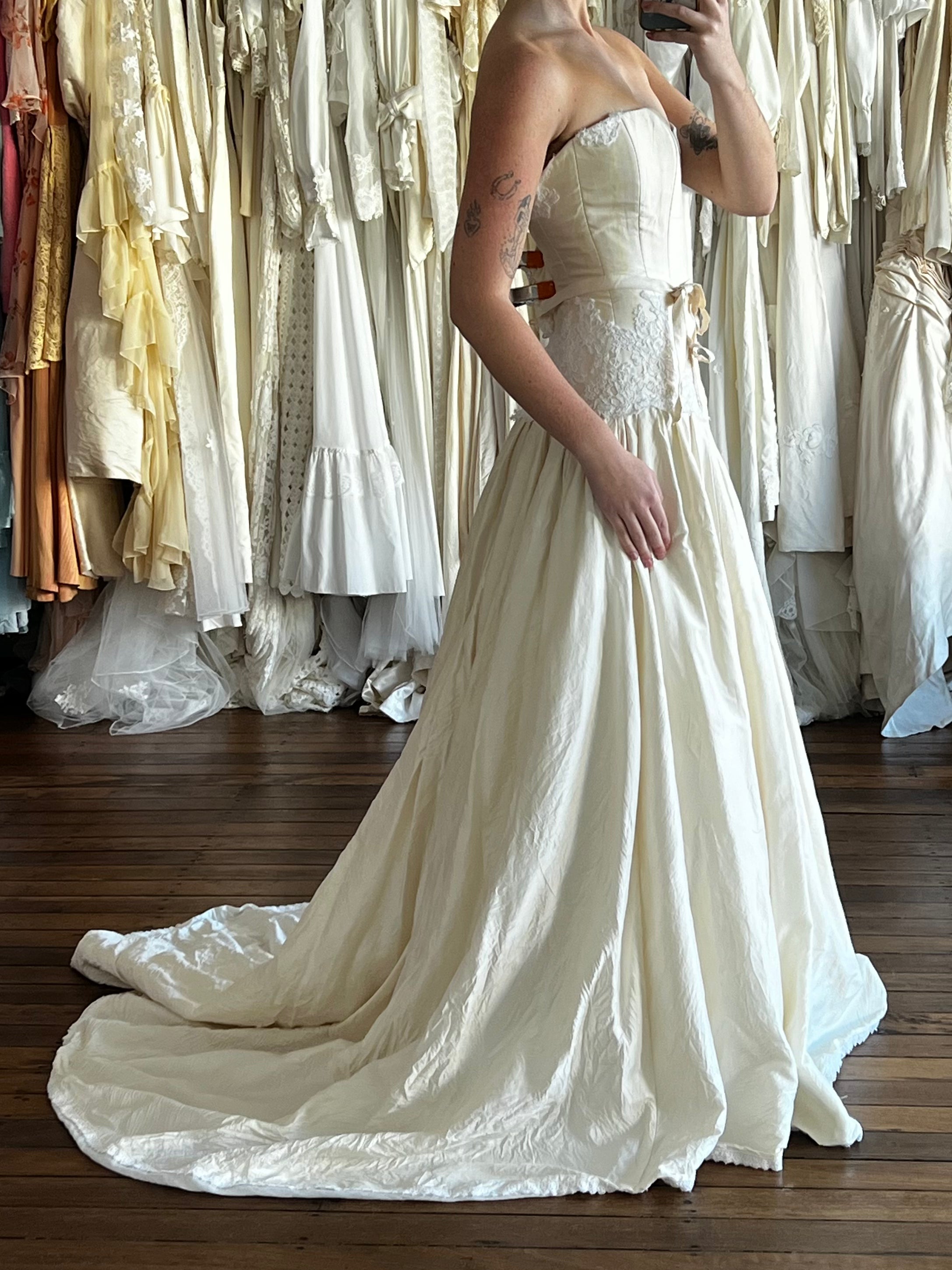 90s Lace detail Drop Waist Raw Silk Dress