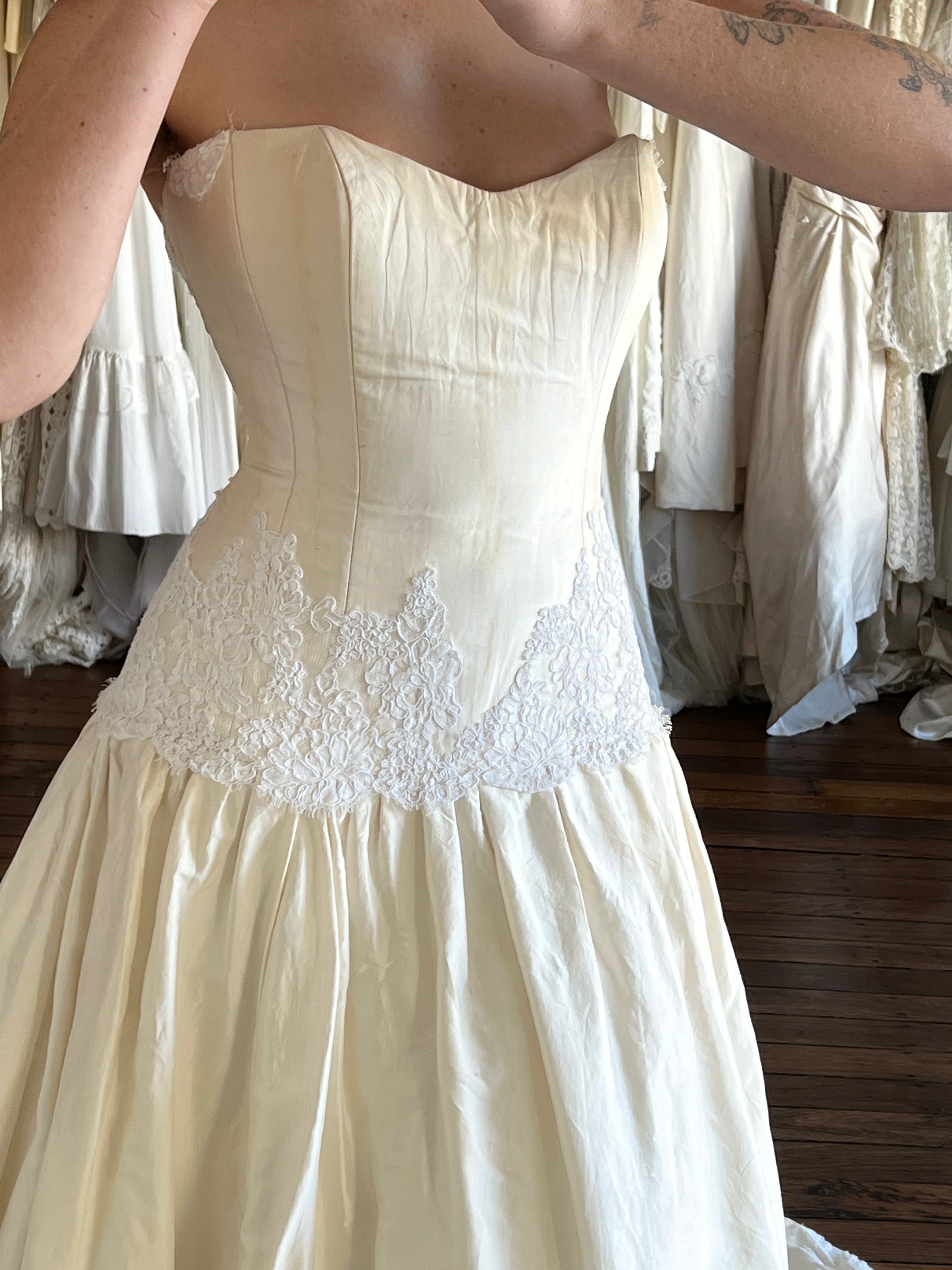 90s Lace detail Drop Waist Raw Silk Dress