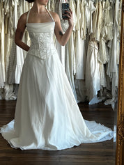 90s Embroidered Corset Chiffon Drape Dress