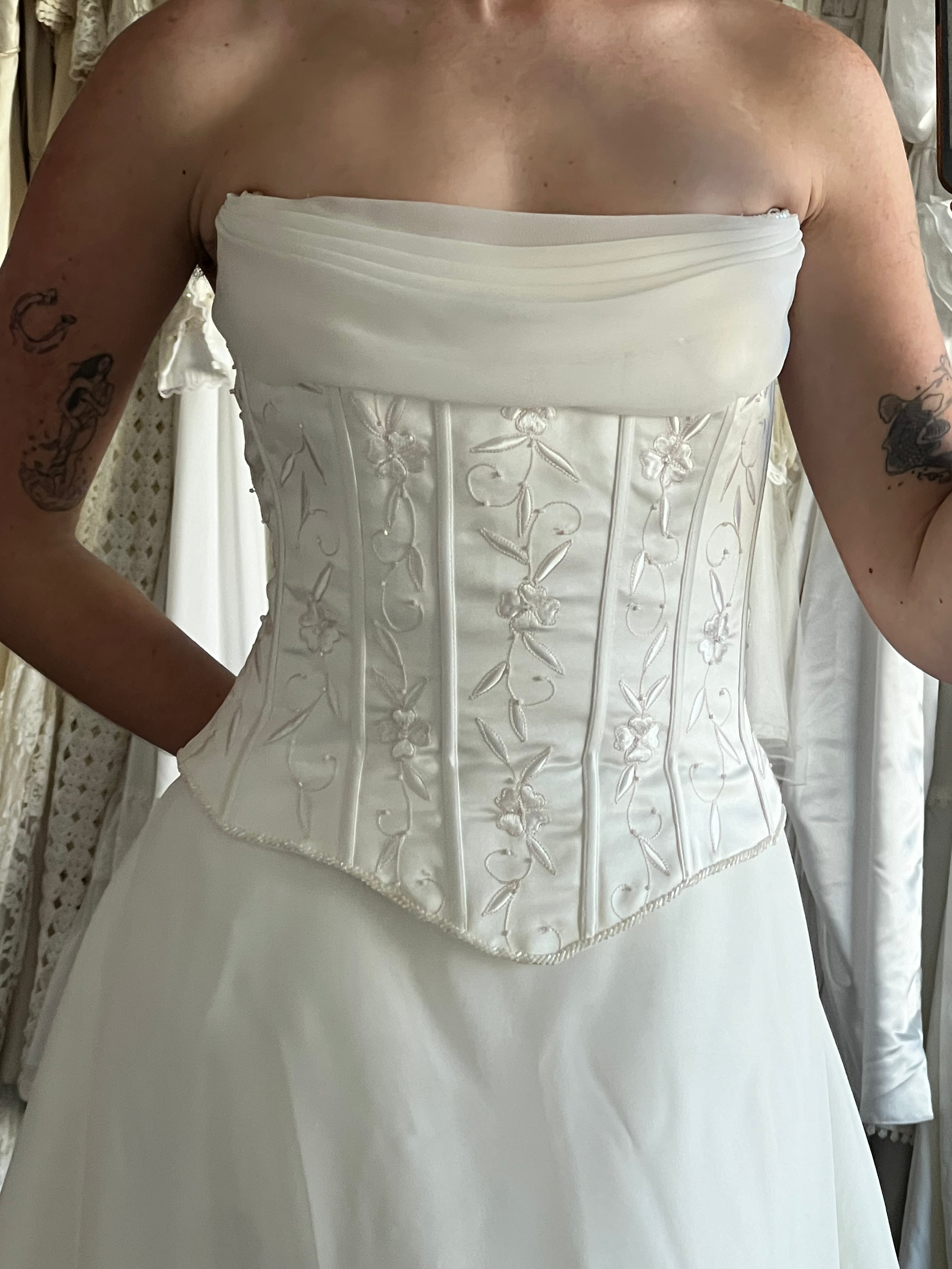 90s Embroidered Corset Chiffon Drape Dress