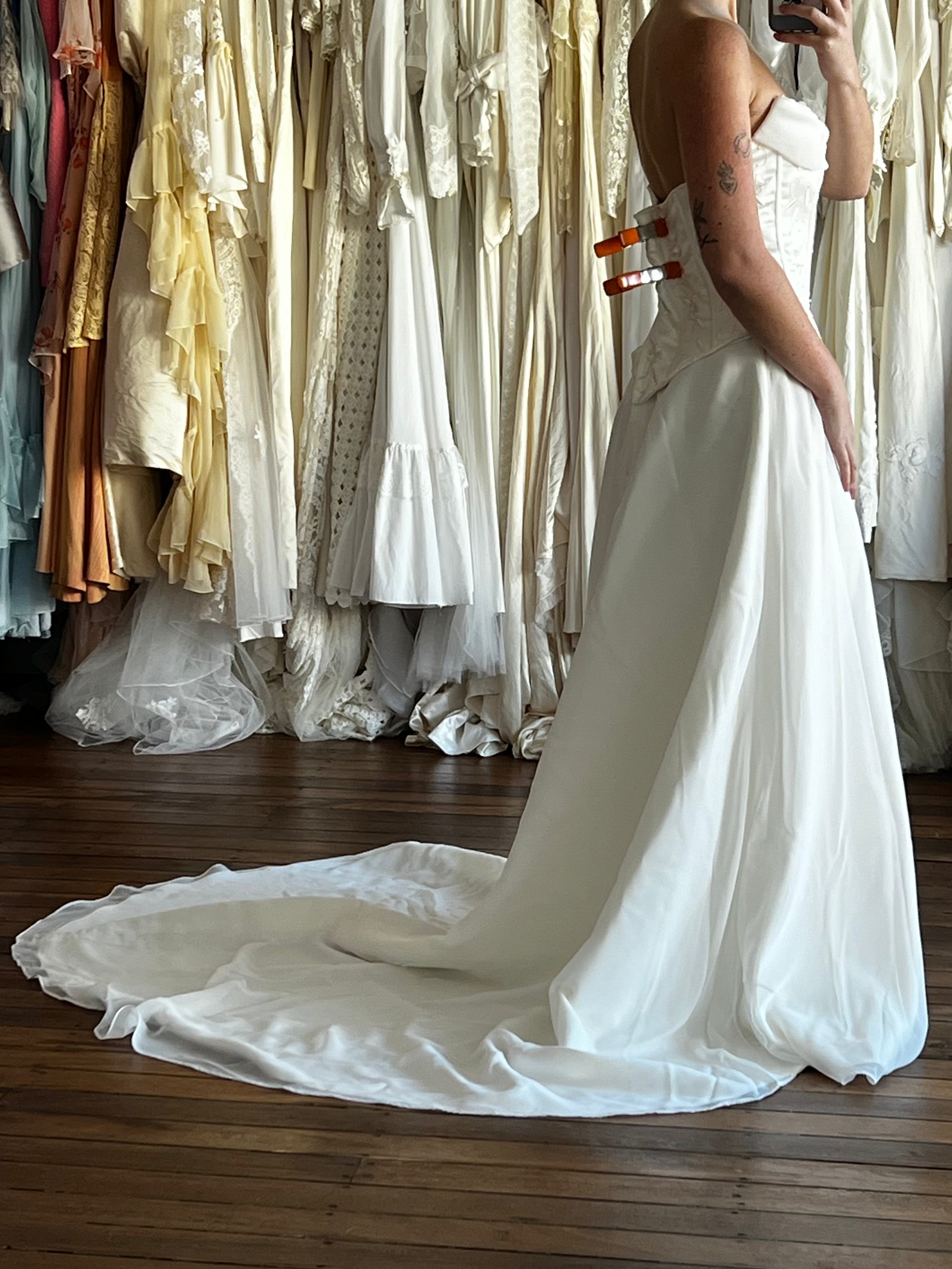 90s Embroidered Corset Chiffon Drape Dress