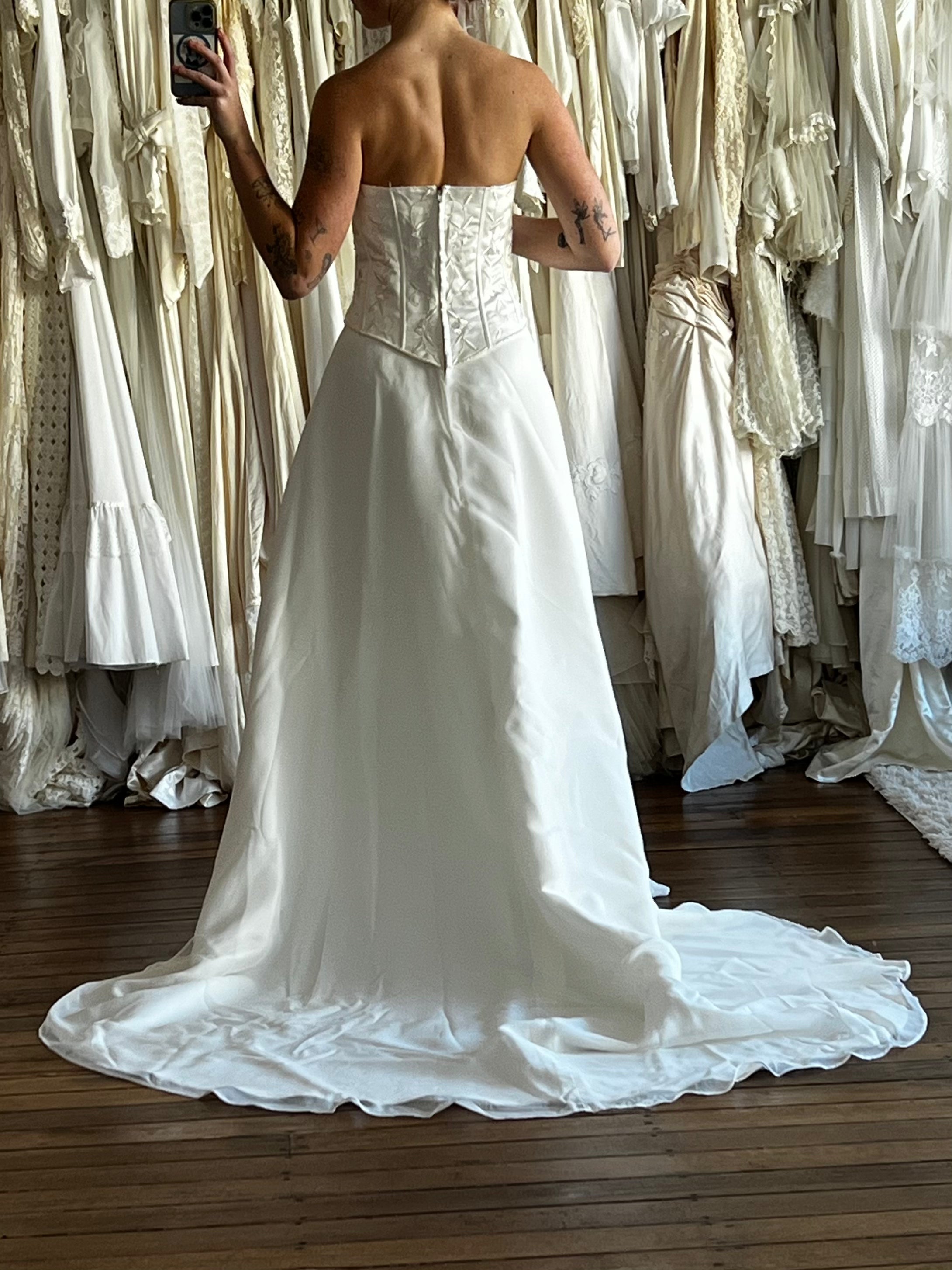 90s Embroidered Corset Chiffon Drape Dress