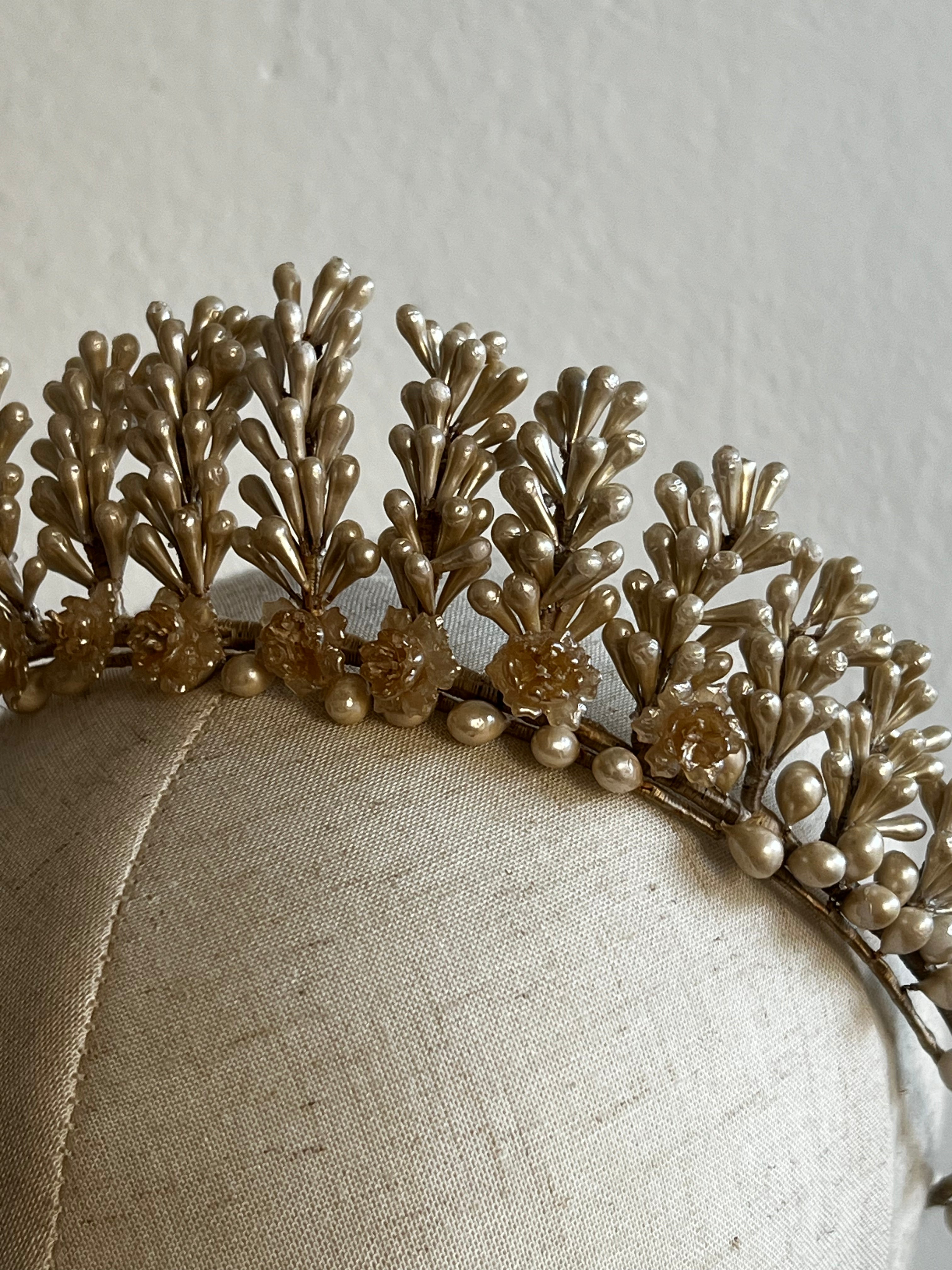 40s Wax Pearl and Rosette Fringe Tiara