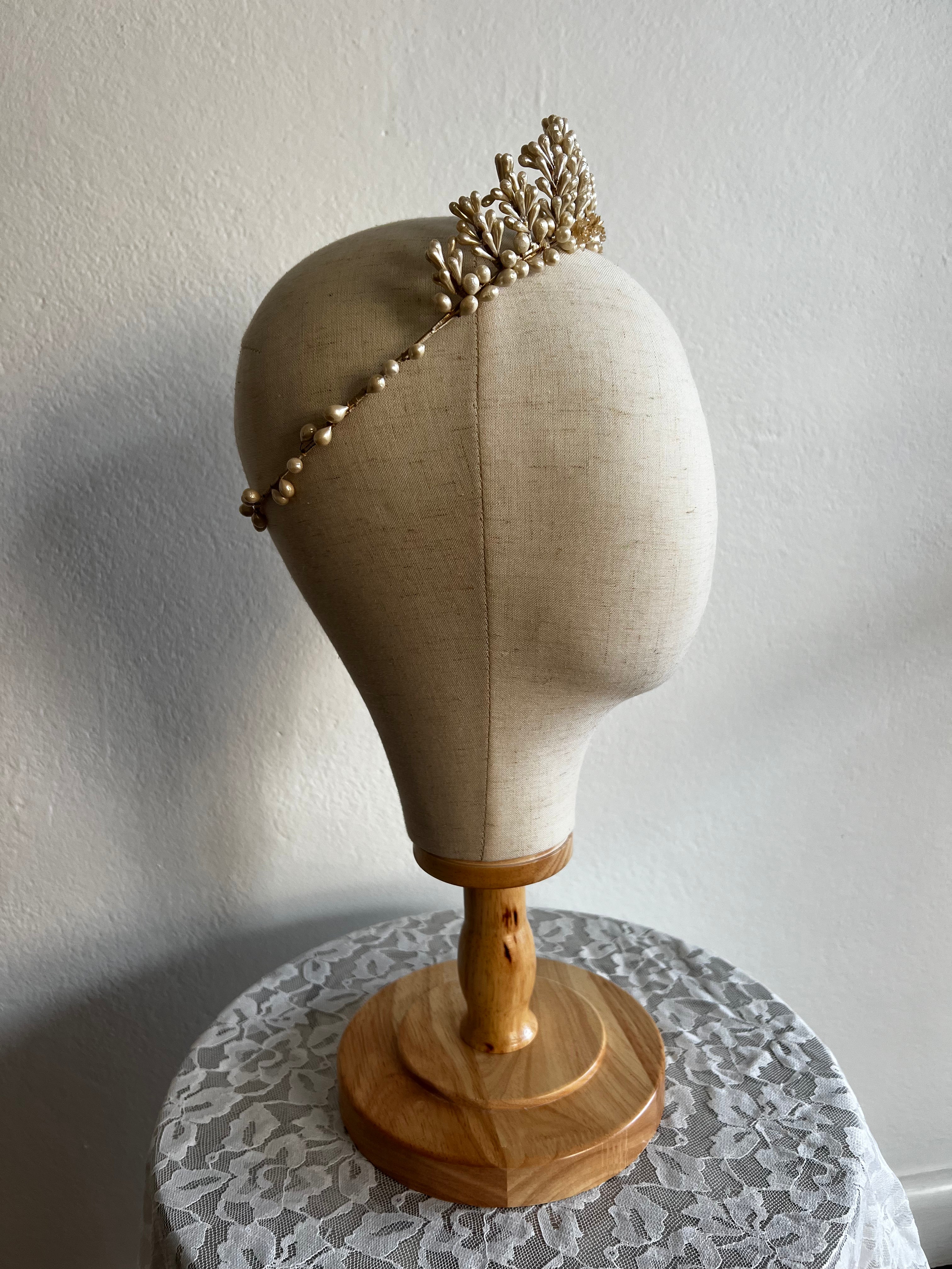 40s Wax Pearl and Rosette Fringe Tiara
