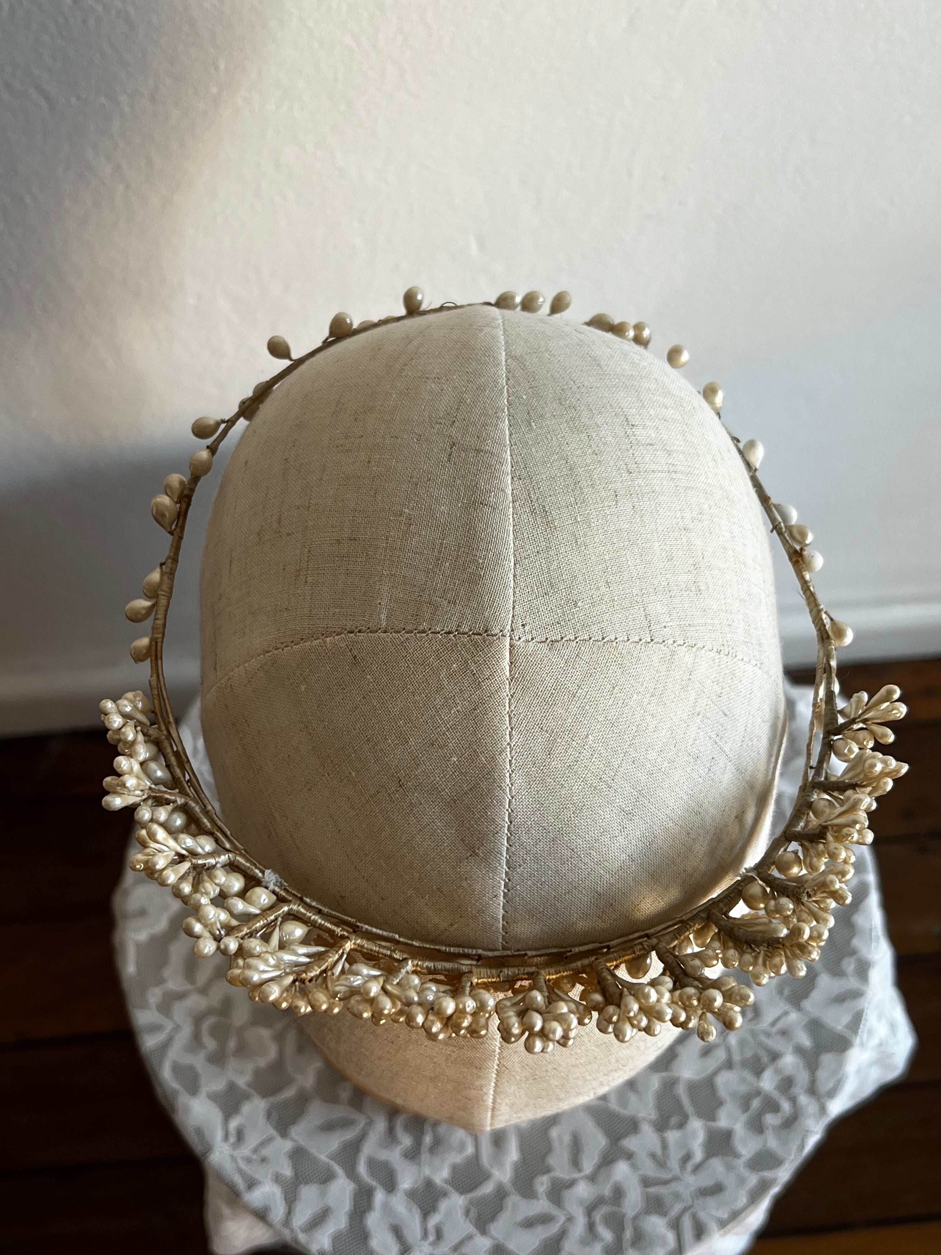 40s Wax Pearl and Rosette Fringe Tiara