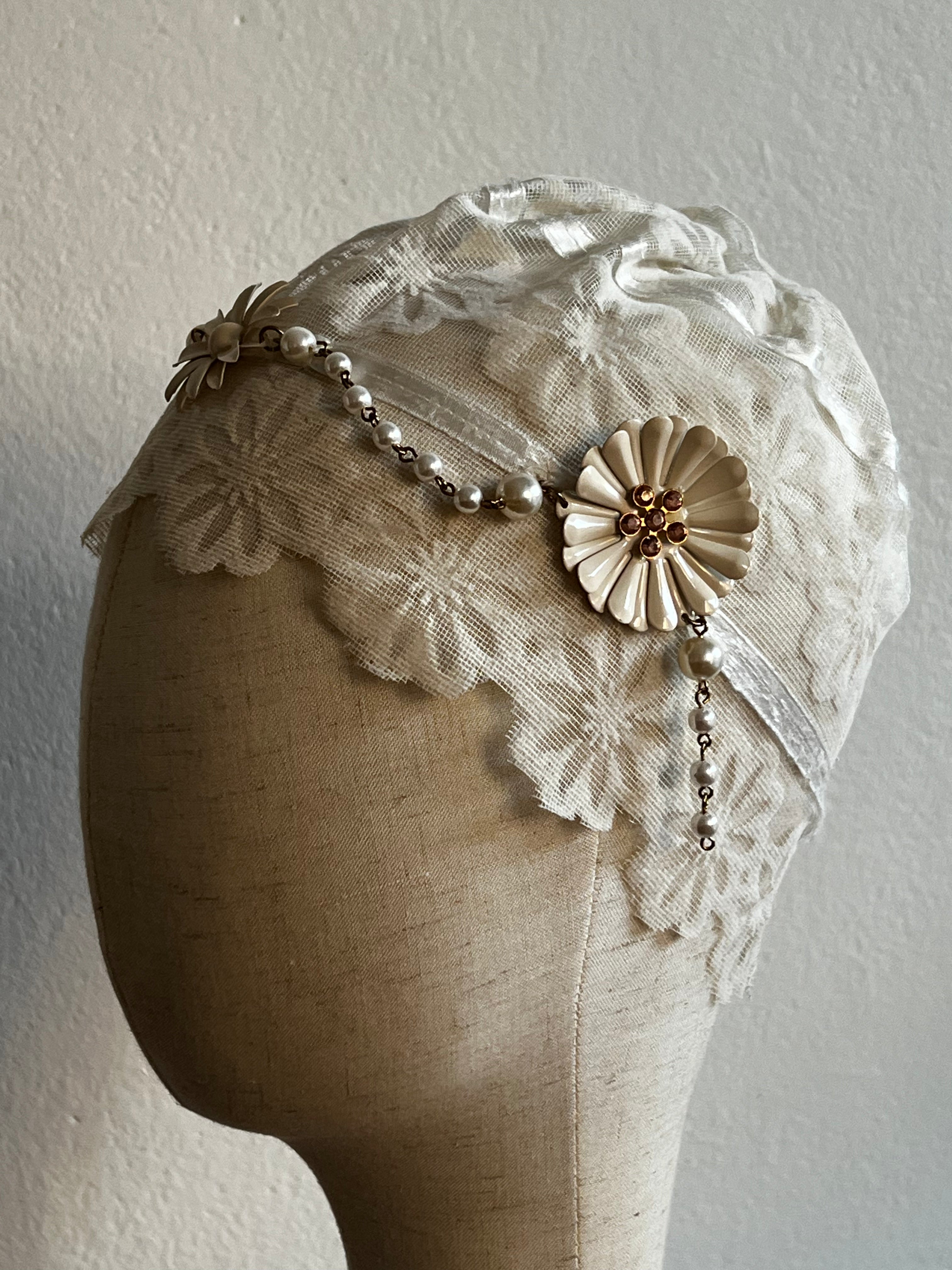 30s Flapper Flocked Daisy Juliet Cap