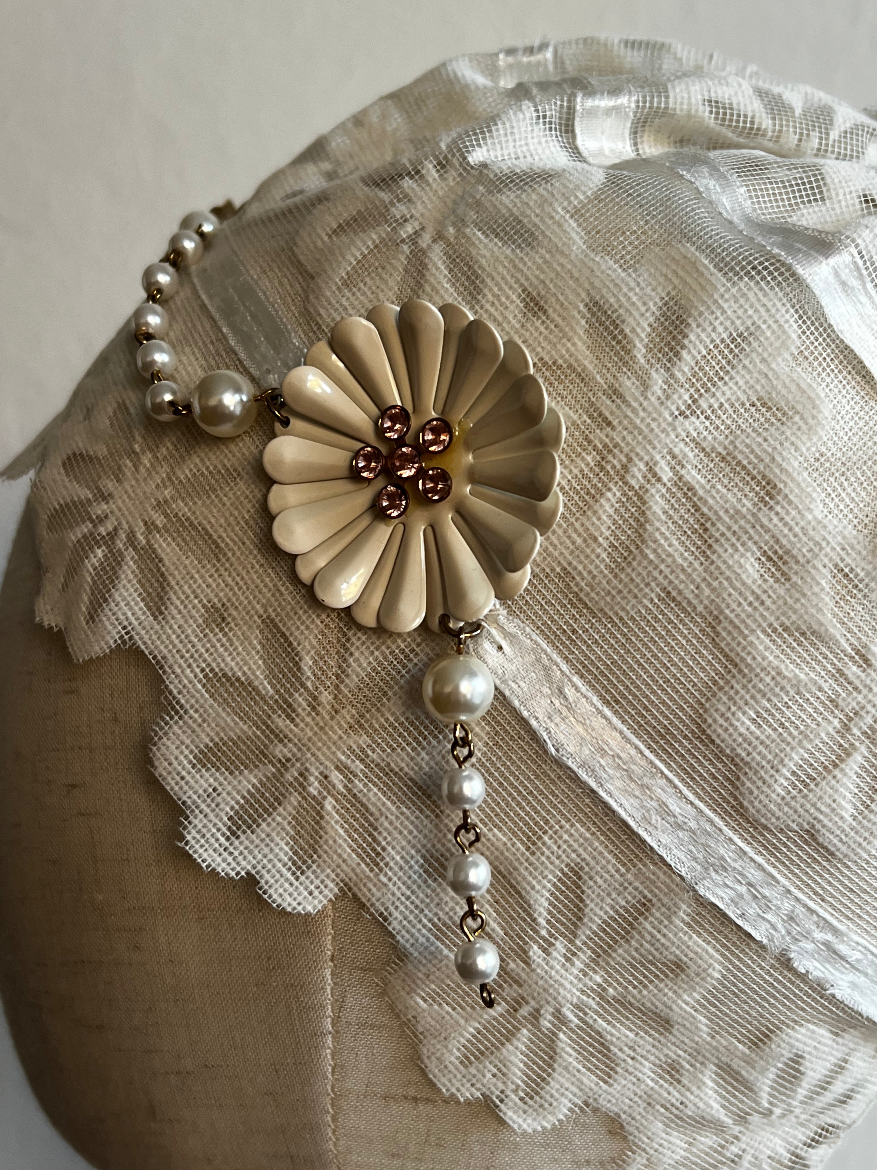 30s Flapper Flocked Daisy Juliet Cap