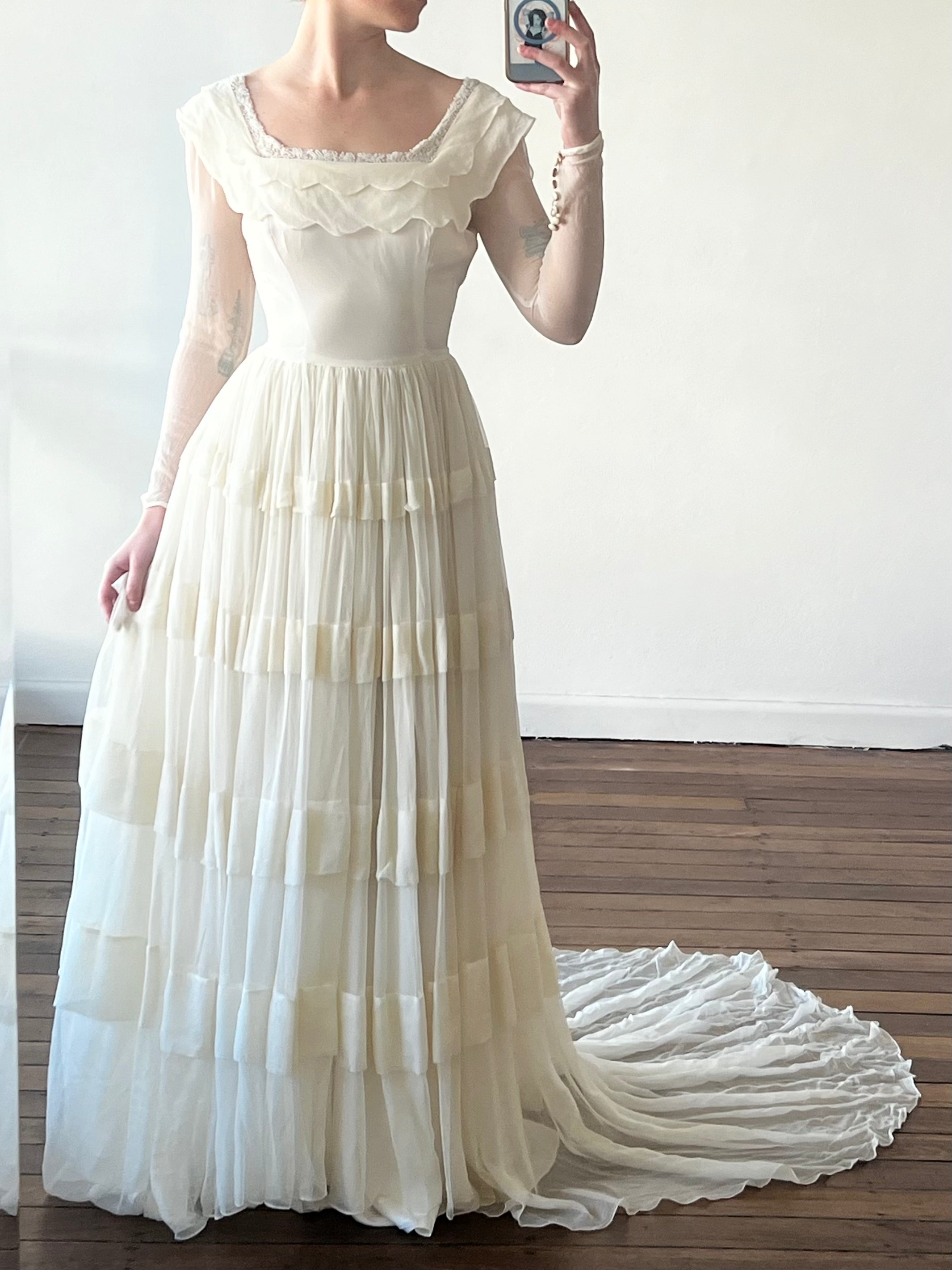 60s Silk Gossamer Tiered Scallop Dress