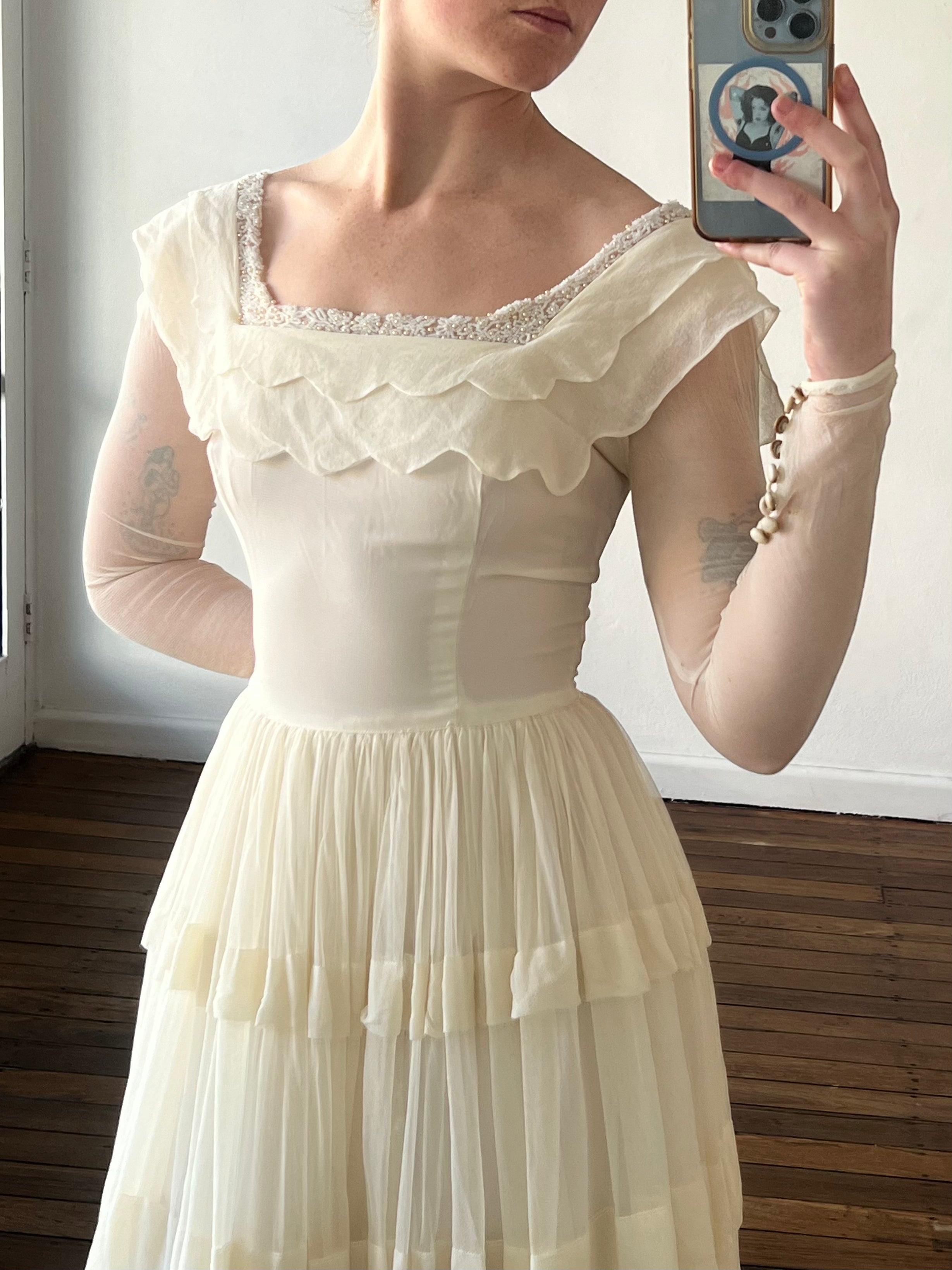 60s Silk Gossamer Tiered Scallop Dress
