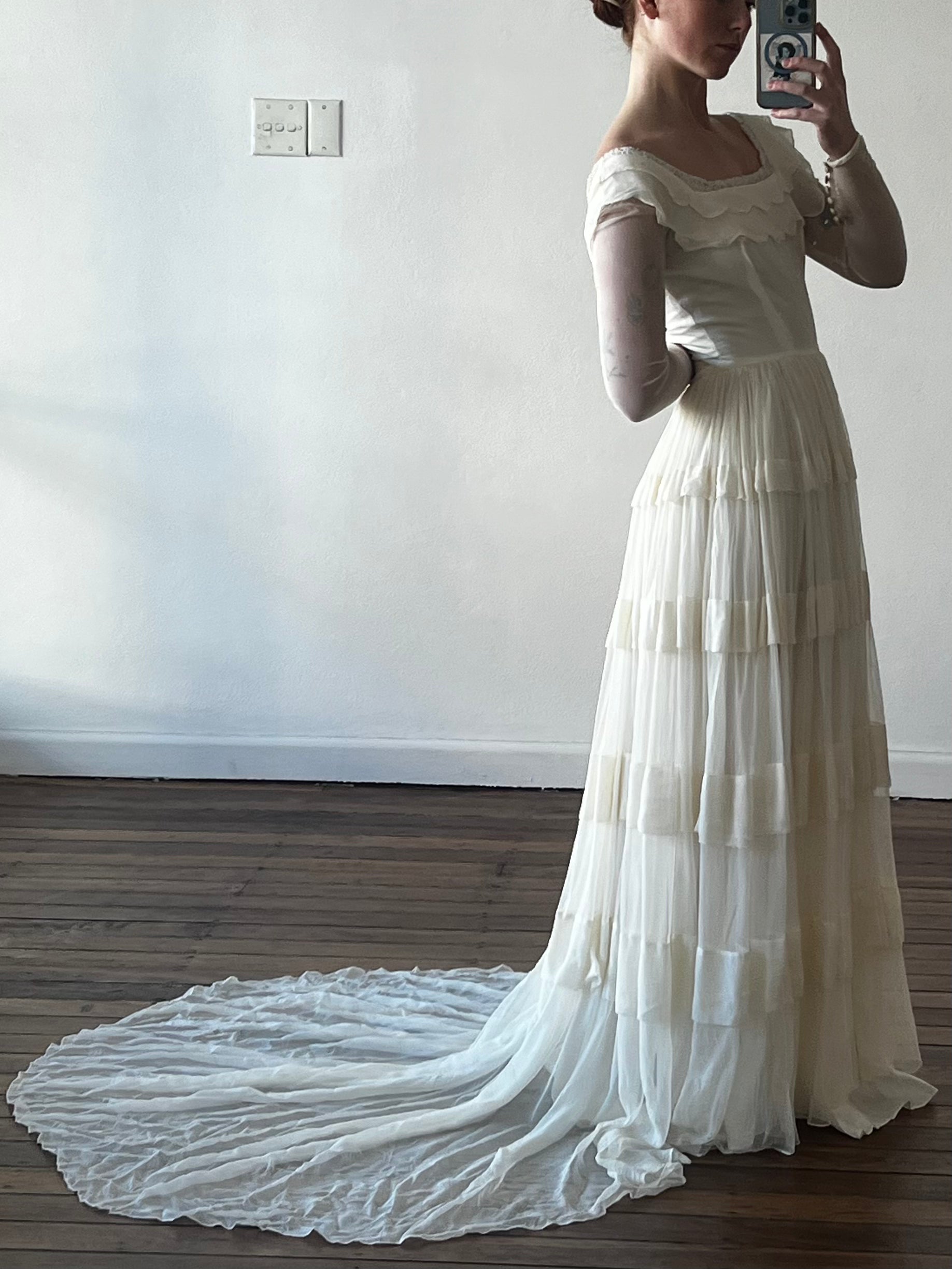 60s Silk Gossamer Tiered Scallop Dress