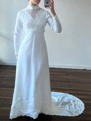 70s Guipure Lace Empire Mock Neckline Dress